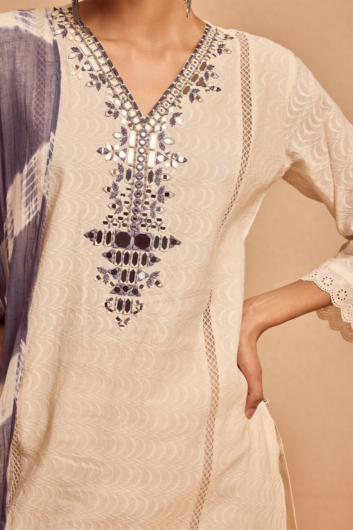Cream Embroidered Kurta 3 Pcs Set