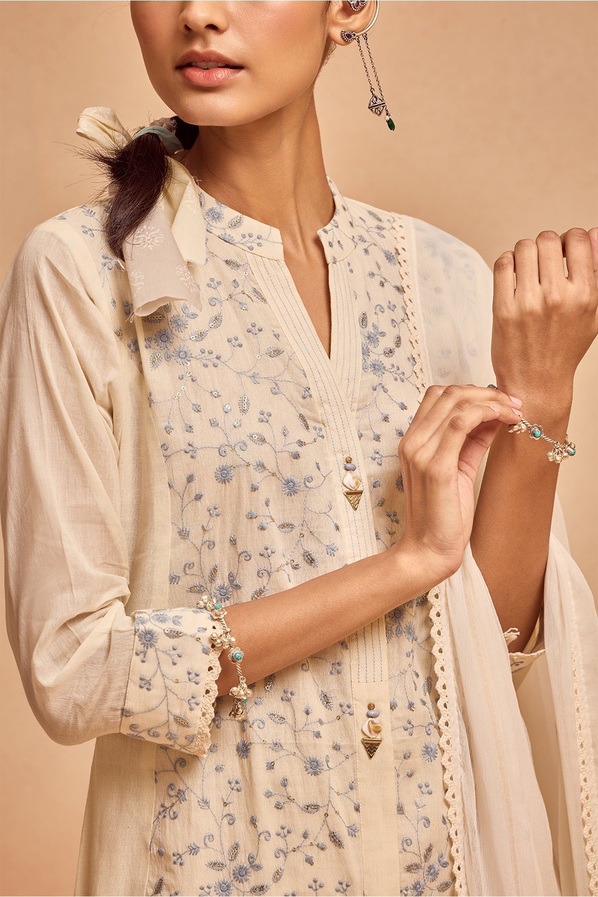 Cream Embroidered Kurta 3 Pcs Set