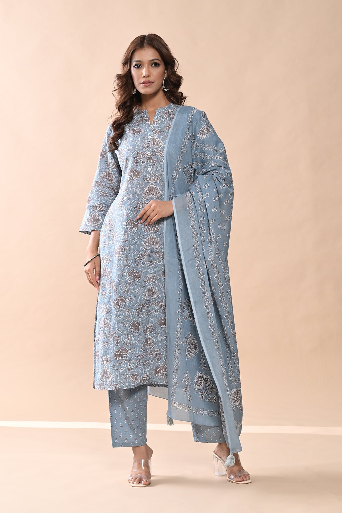 Blue Printed Kurta 3 Pcs Set