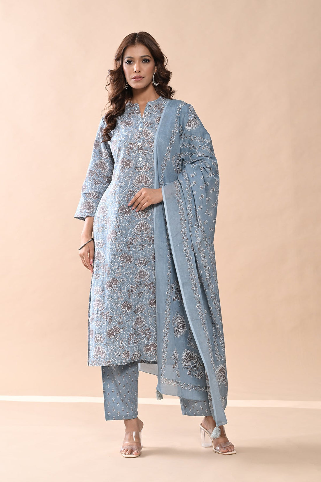 Blue Printed Kurta 3 Pcs Set