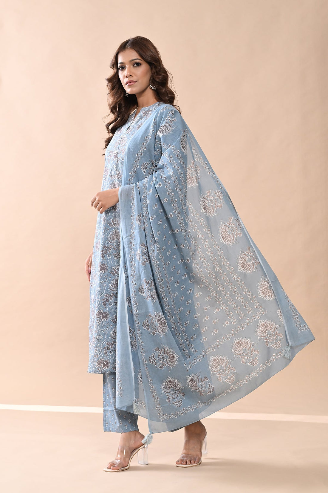 Blue Printed Kurta 3 Pcs Set