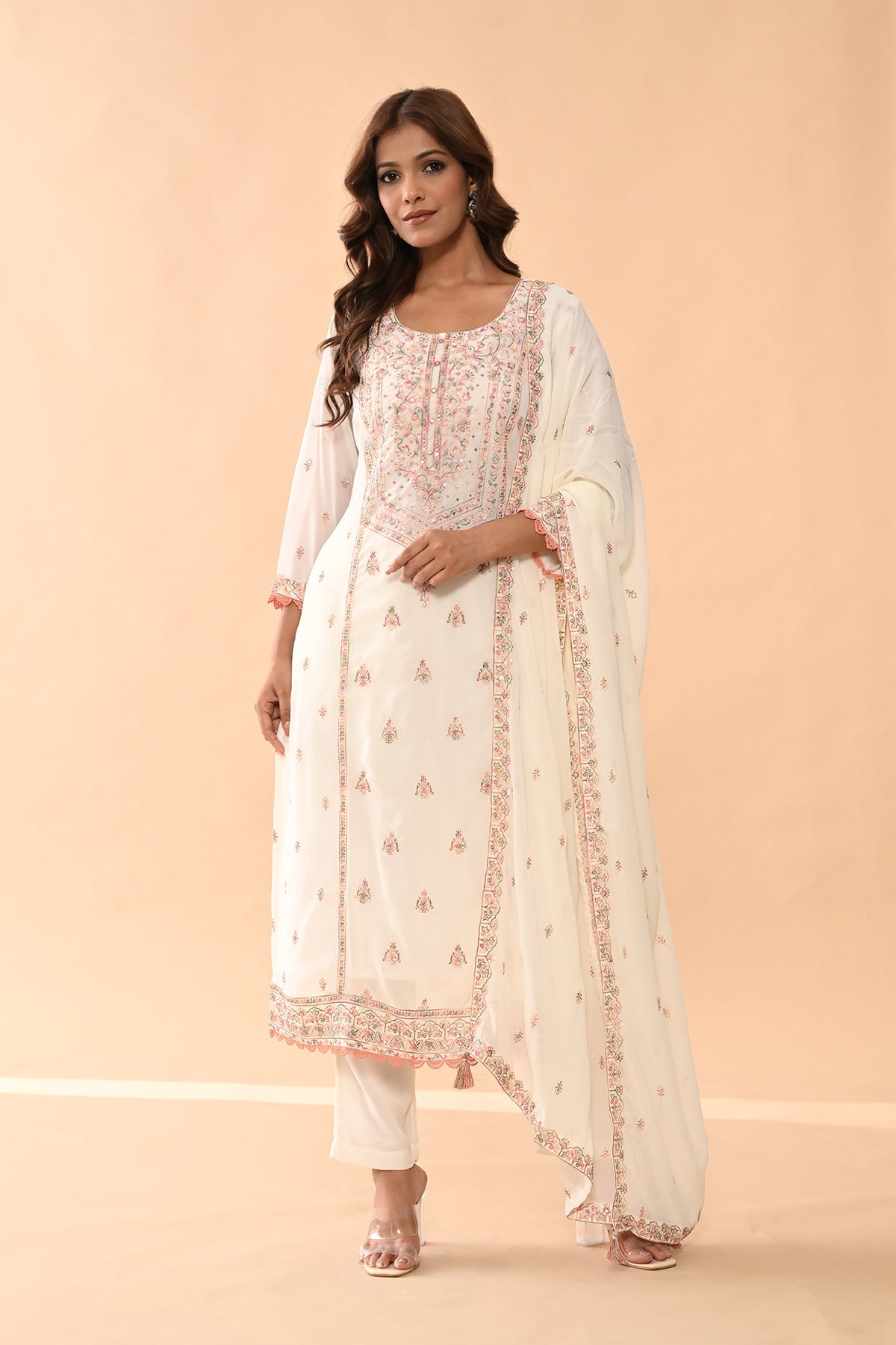 Cream Embroidered Kurta 3 Pcs Set