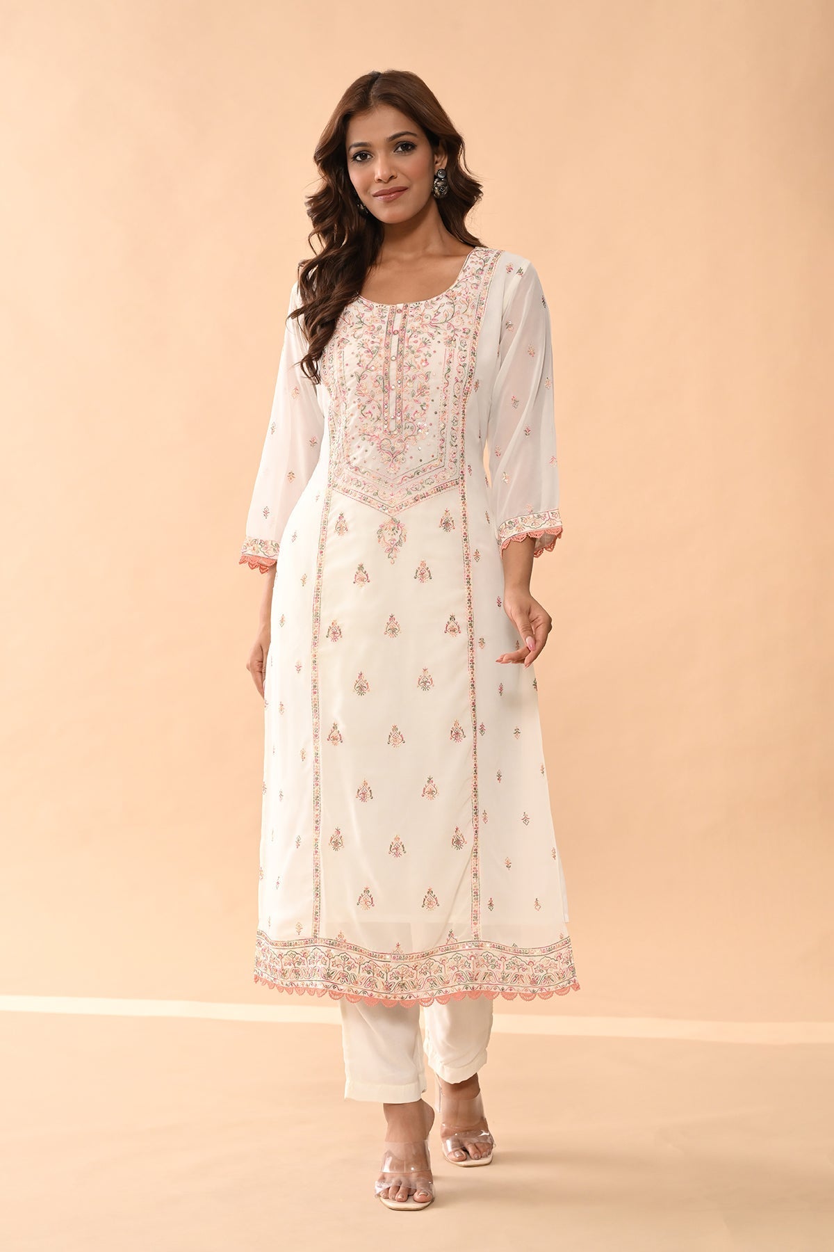 Cream Embroidered Kurta 3 Pcs Set