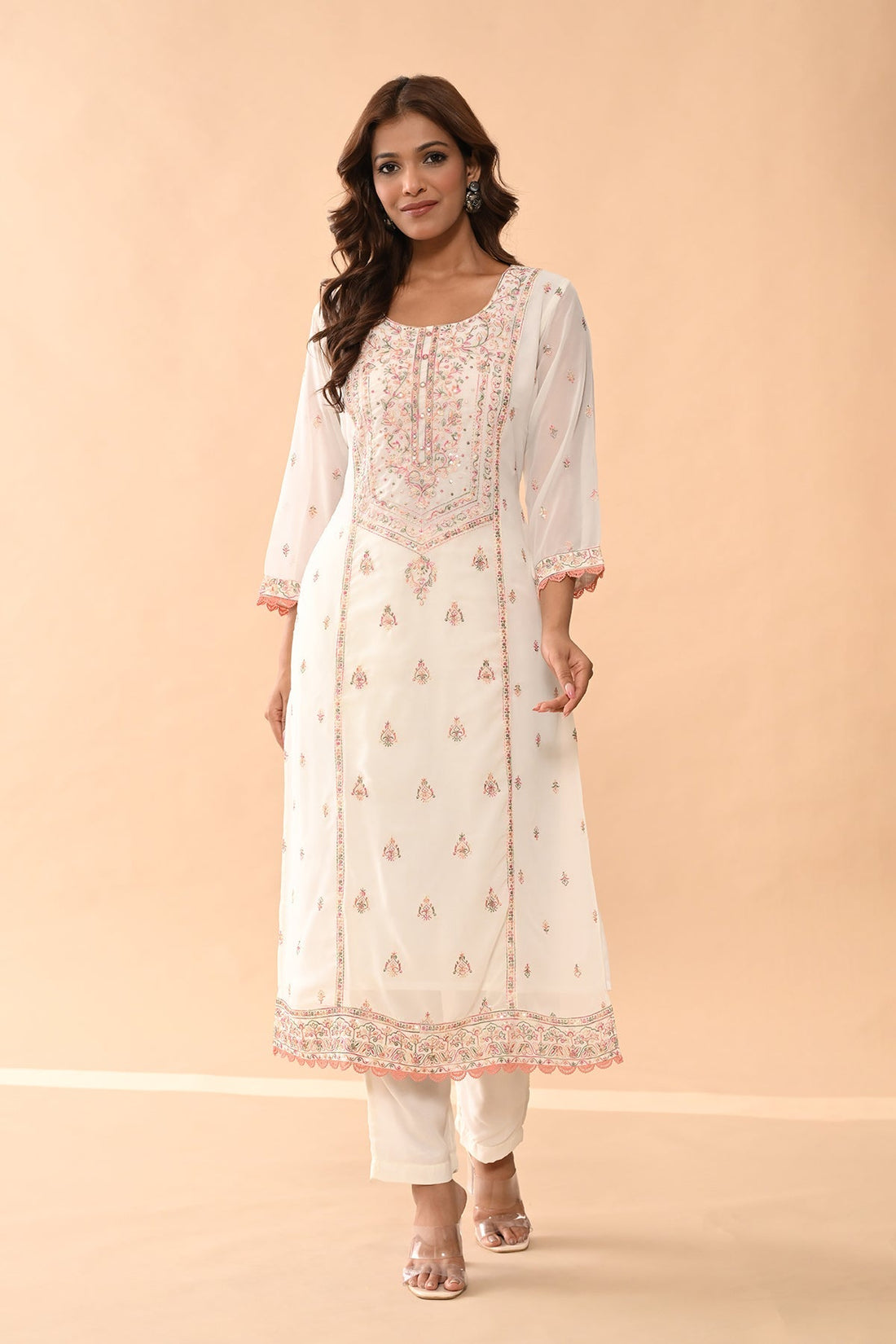 Cream Embroidered Kurta 3 Pcs Set