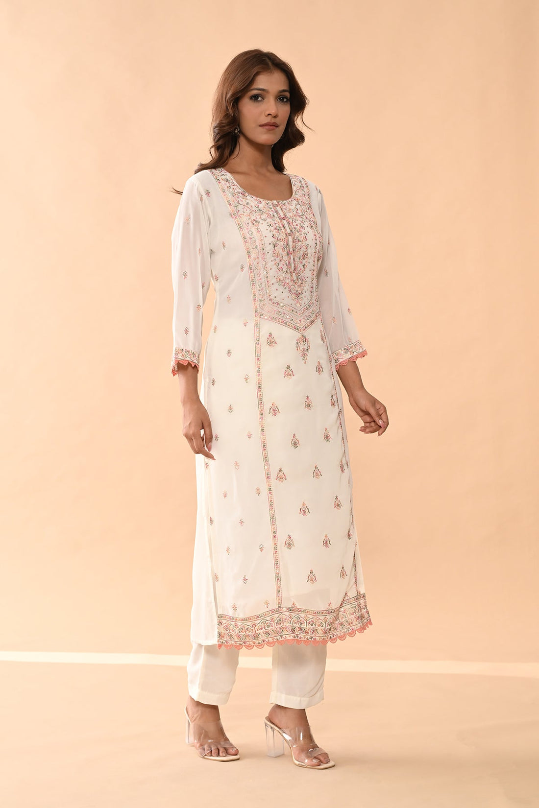 Cream Embroidered Kurta 3 Pcs Set