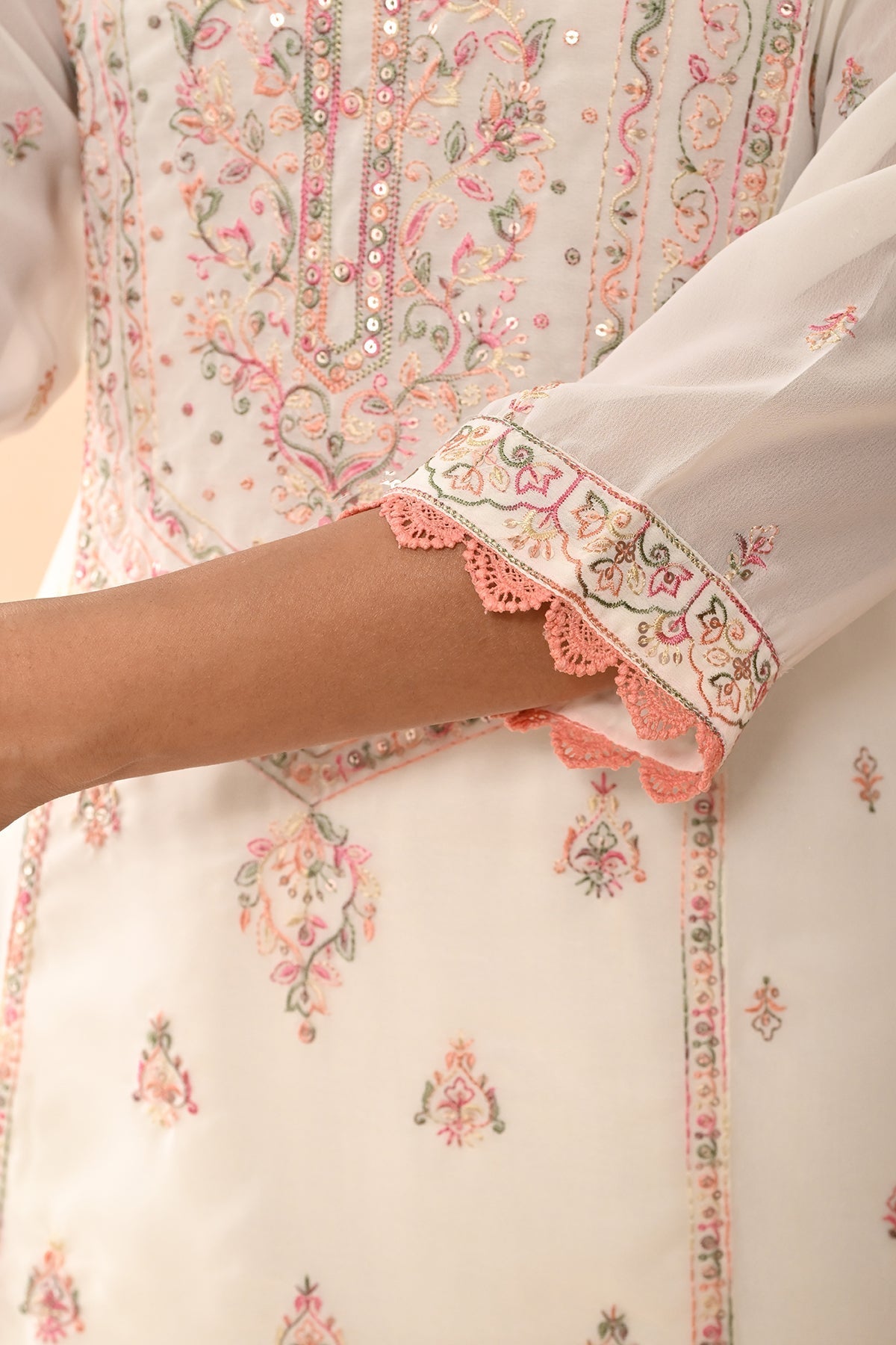 Cream Embroidered Kurta 3 Pcs Set