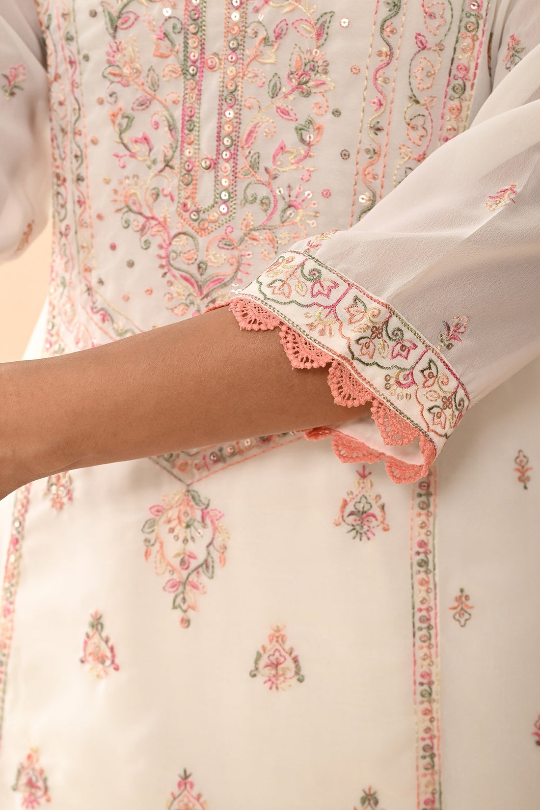Cream Embroidered Kurta 3 Pcs Set
