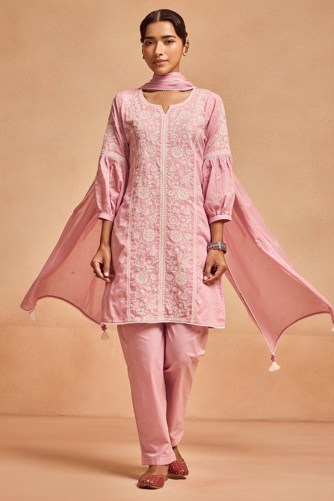 Pink Embroidered Kurta 3 Pcs Set