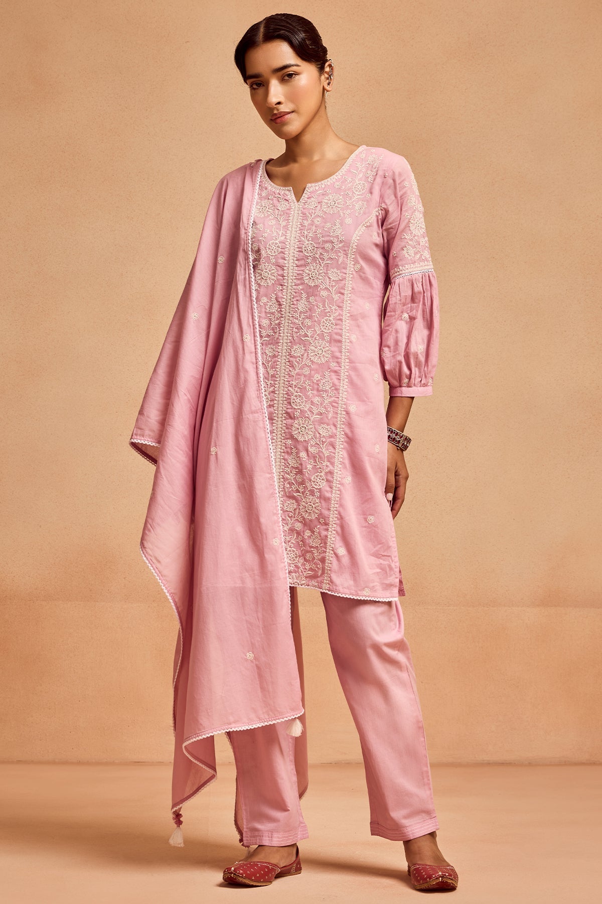 Pink Embroidered Kurta 3 Pcs Set