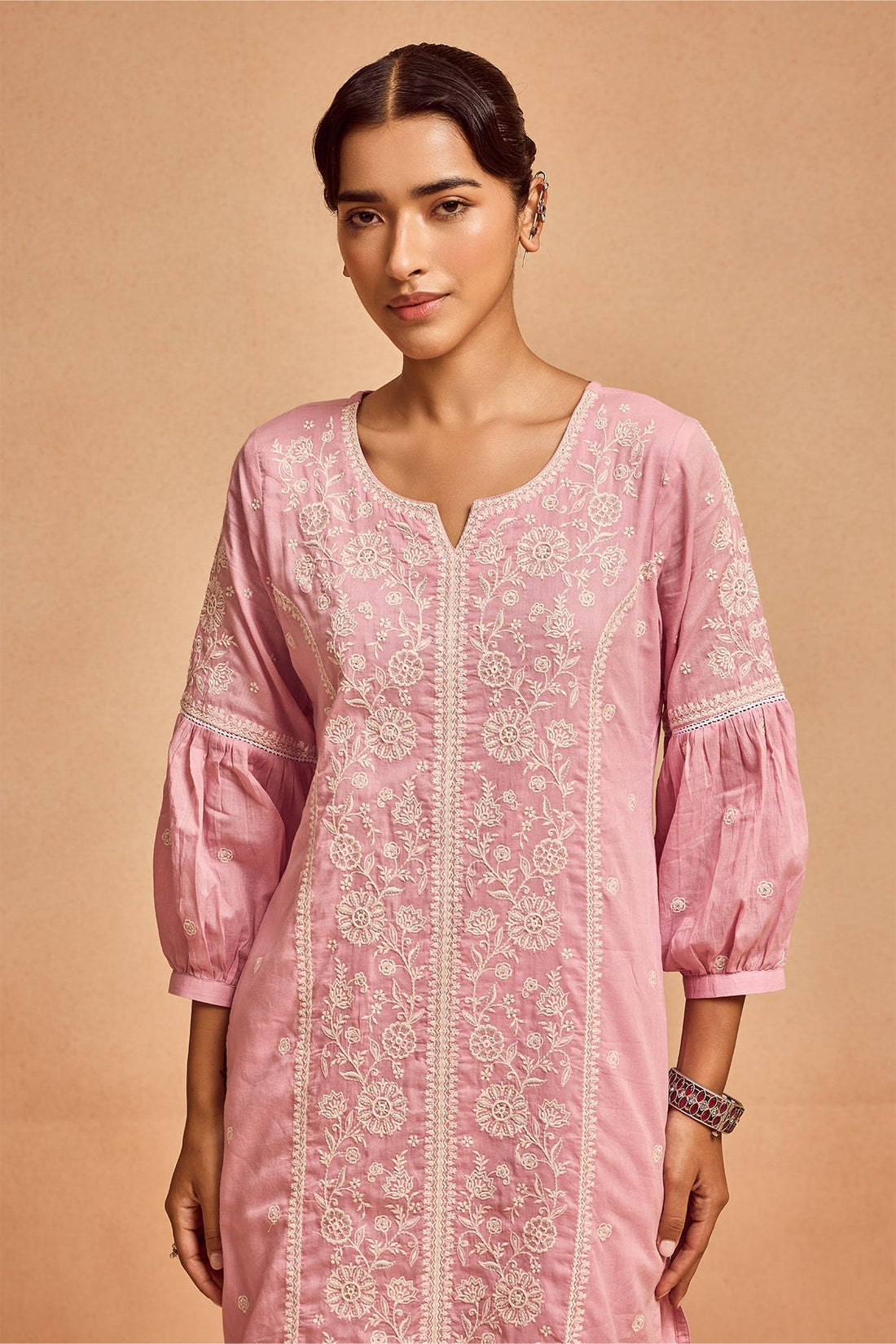 Pink Embroidered Kurta 3 Pcs Set