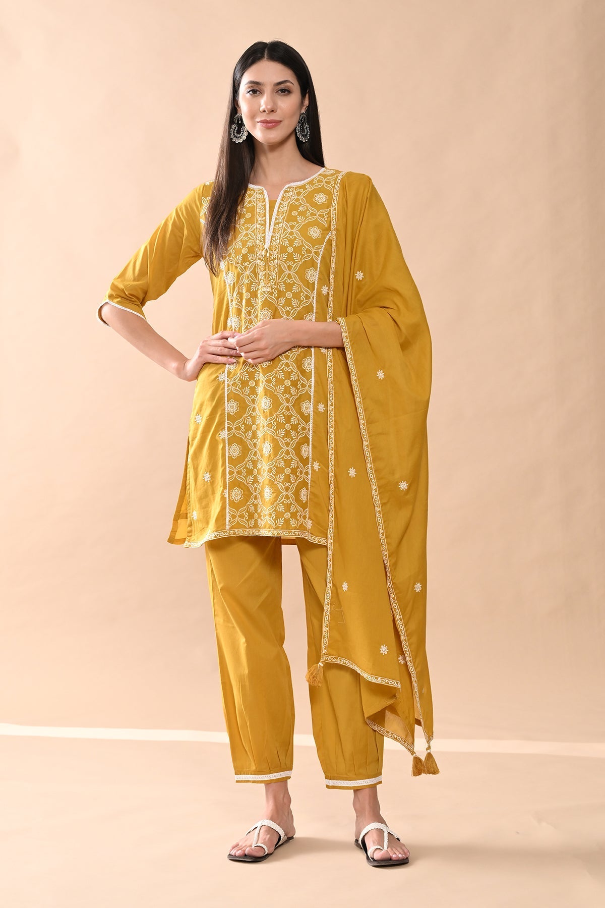 Mustard Embroidered Kurta 3 Pcs Set