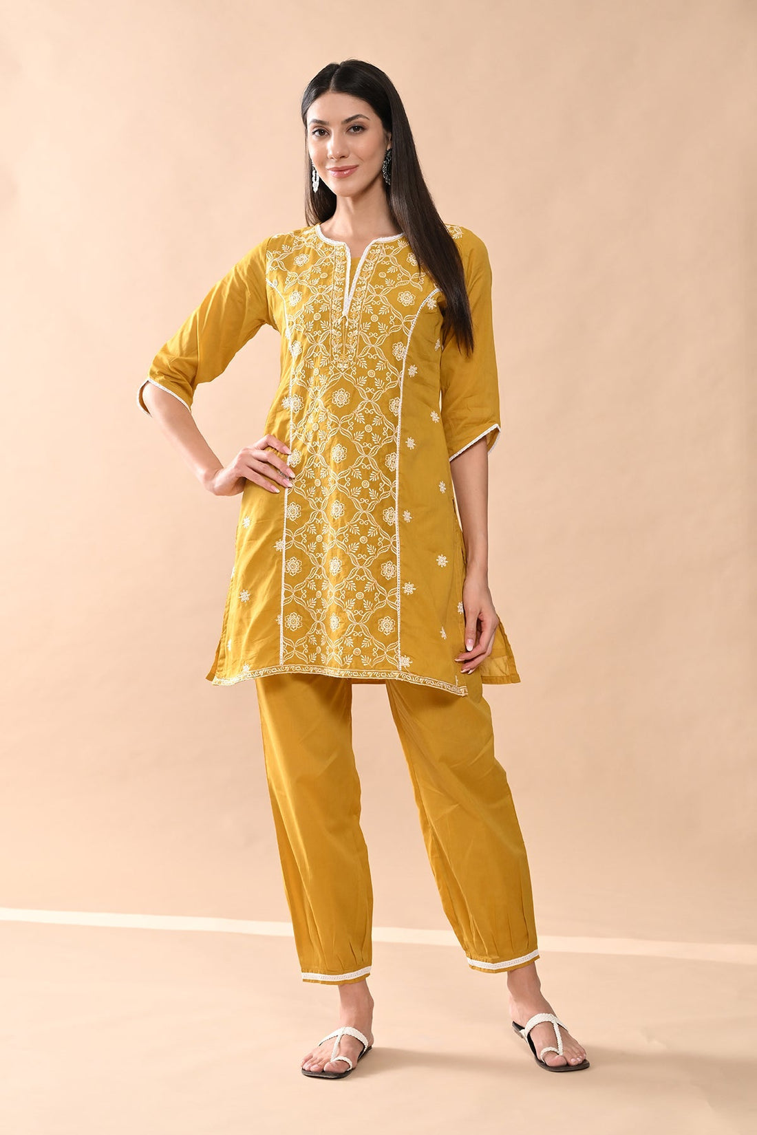 Mustard Embroidered Kurta 3 Pcs Set