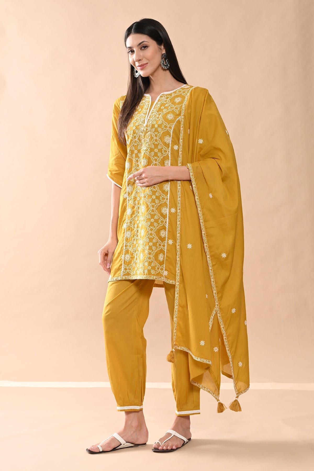 Mustard Embroidered Kurta 3 Pcs Set