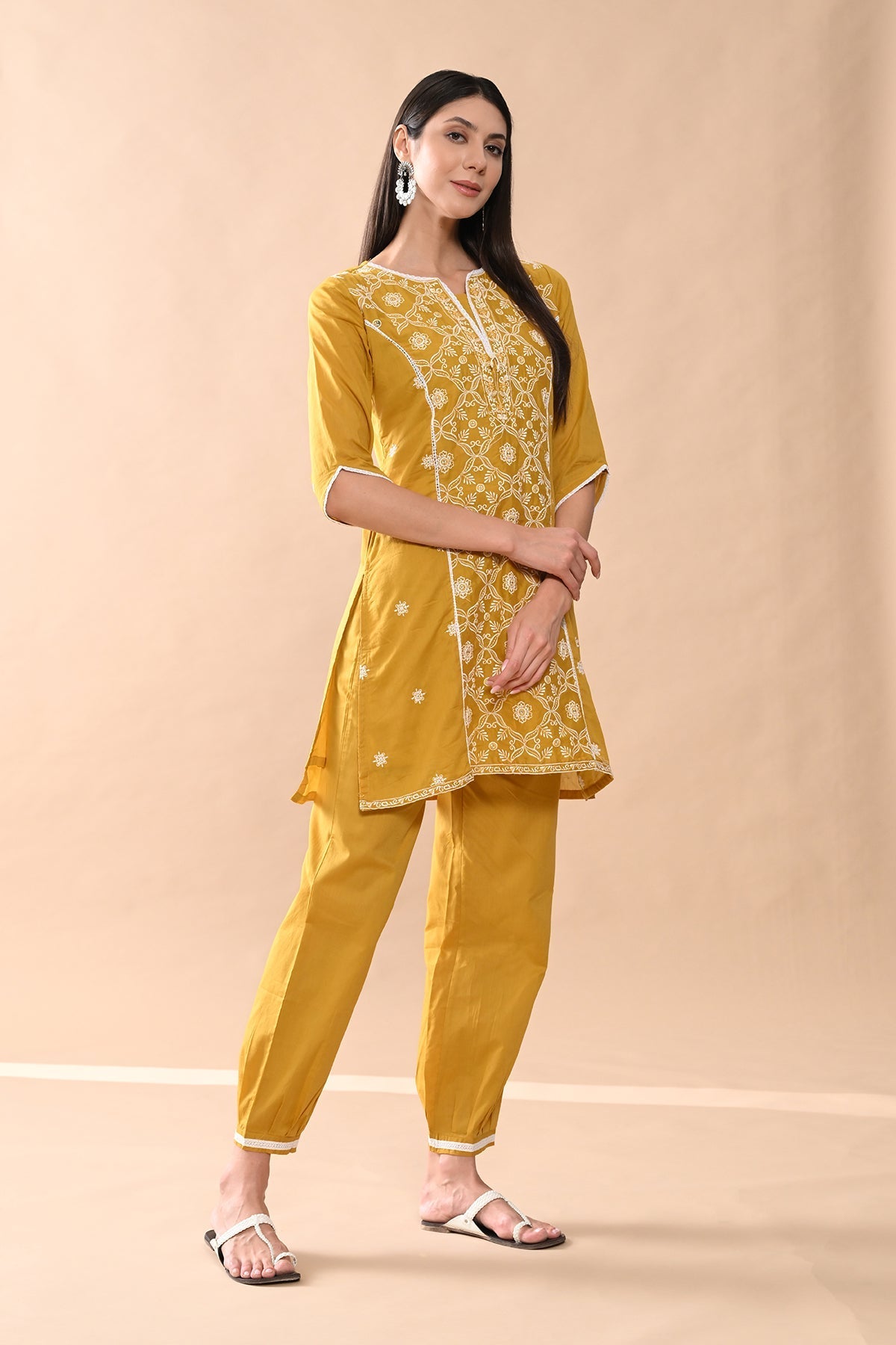 Mustard Embroidered Kurta 3 Pcs Set