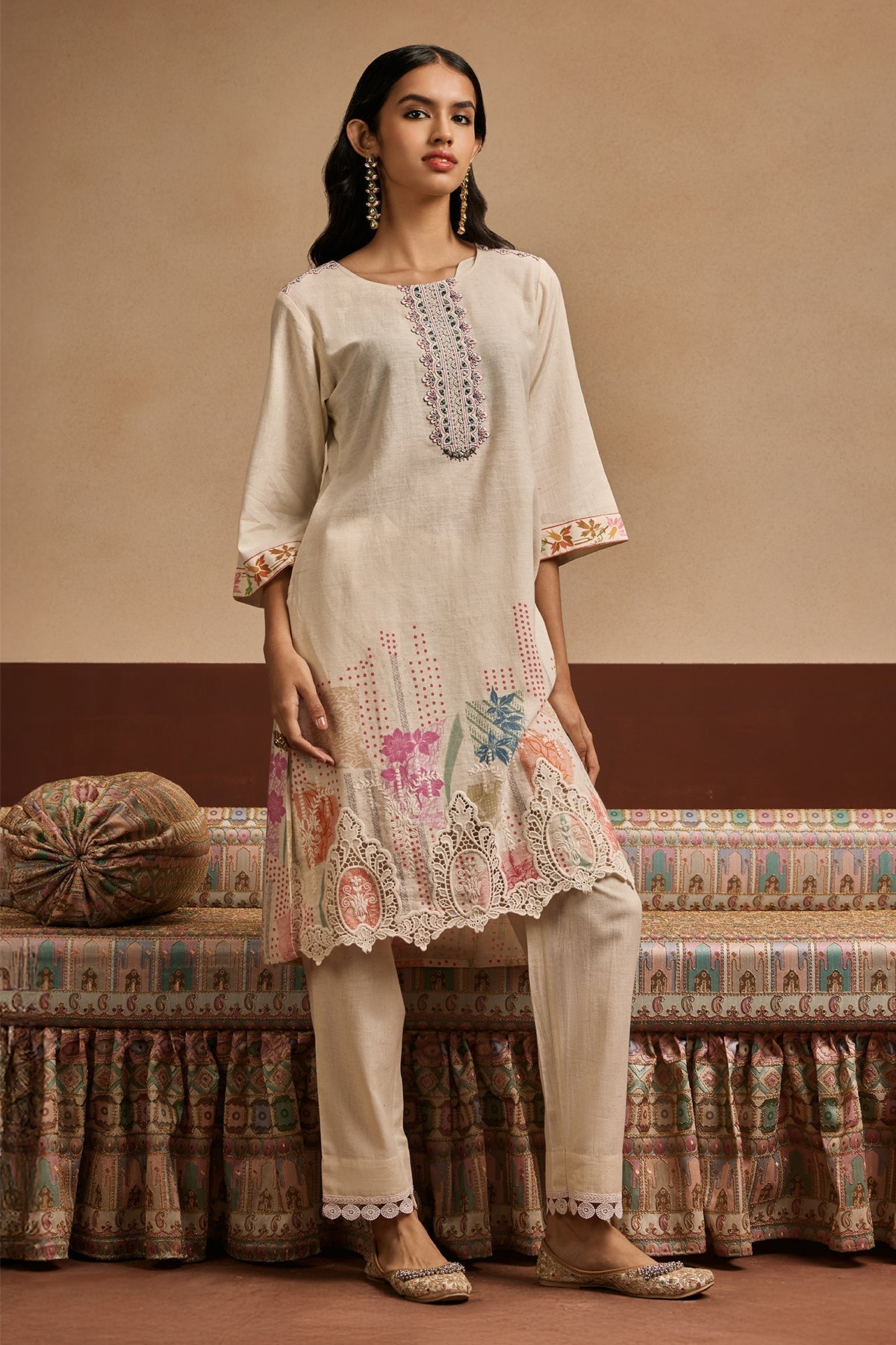 Cream Printed Kurta 2 Pcs Set