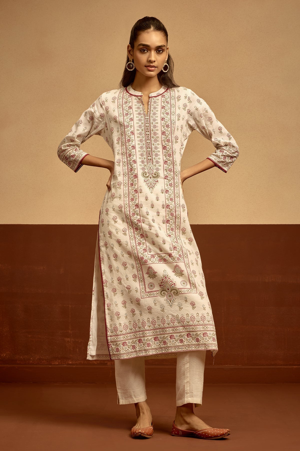Cream Printed Kurta 3 Pcs Set