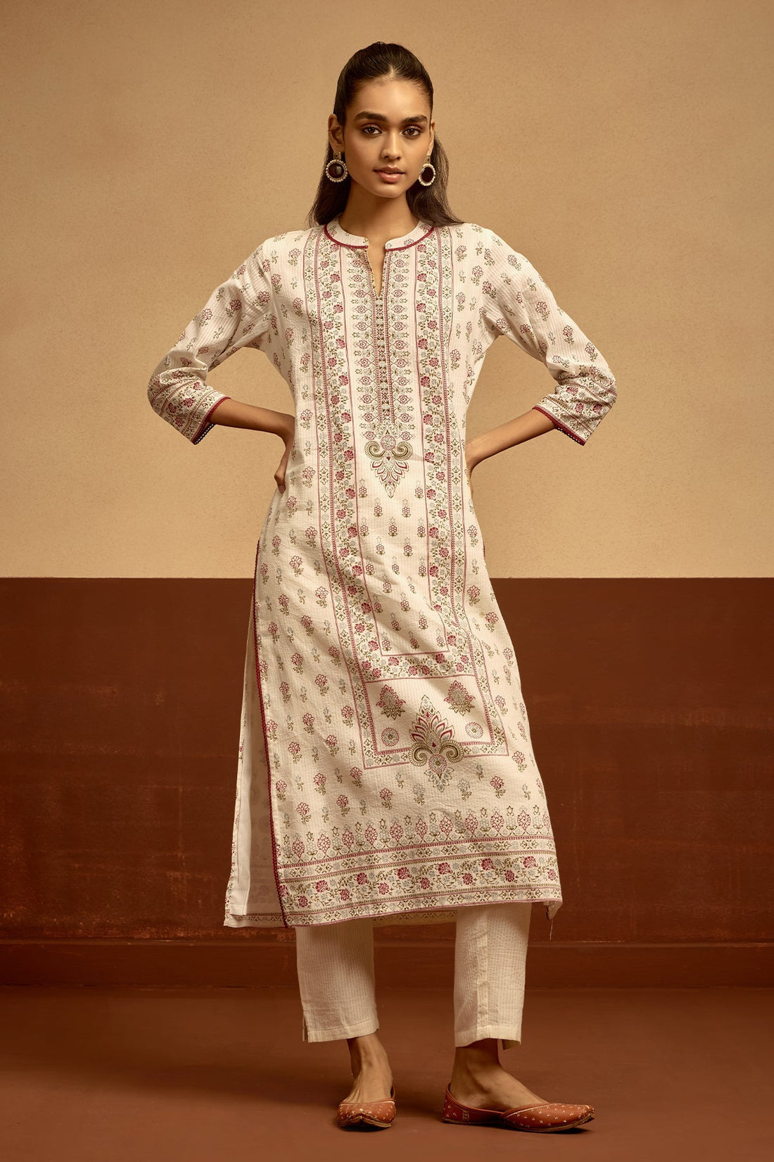 Cream Printed Kurta 3 Pcs Set