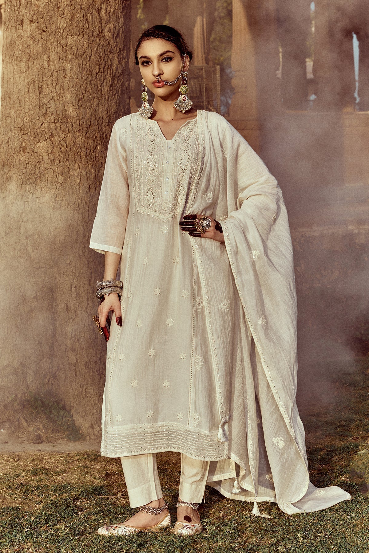 Cream Straight Kurta 3 Pcs Set