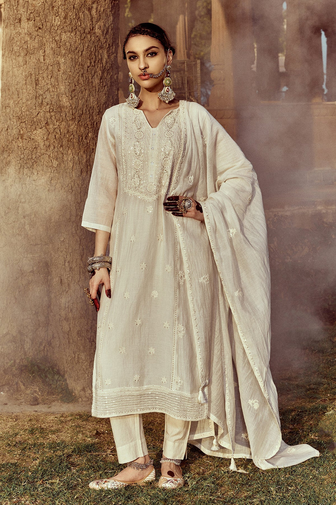 Cream Straight Kurta 3 Pcs Set