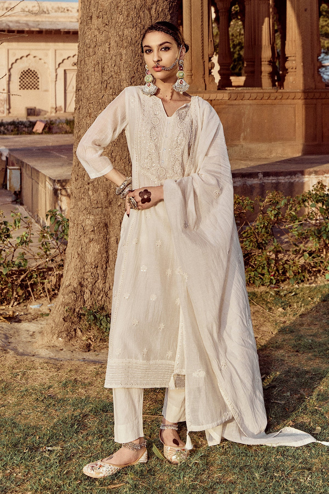 Cream Straight Kurta 3 Pcs Set