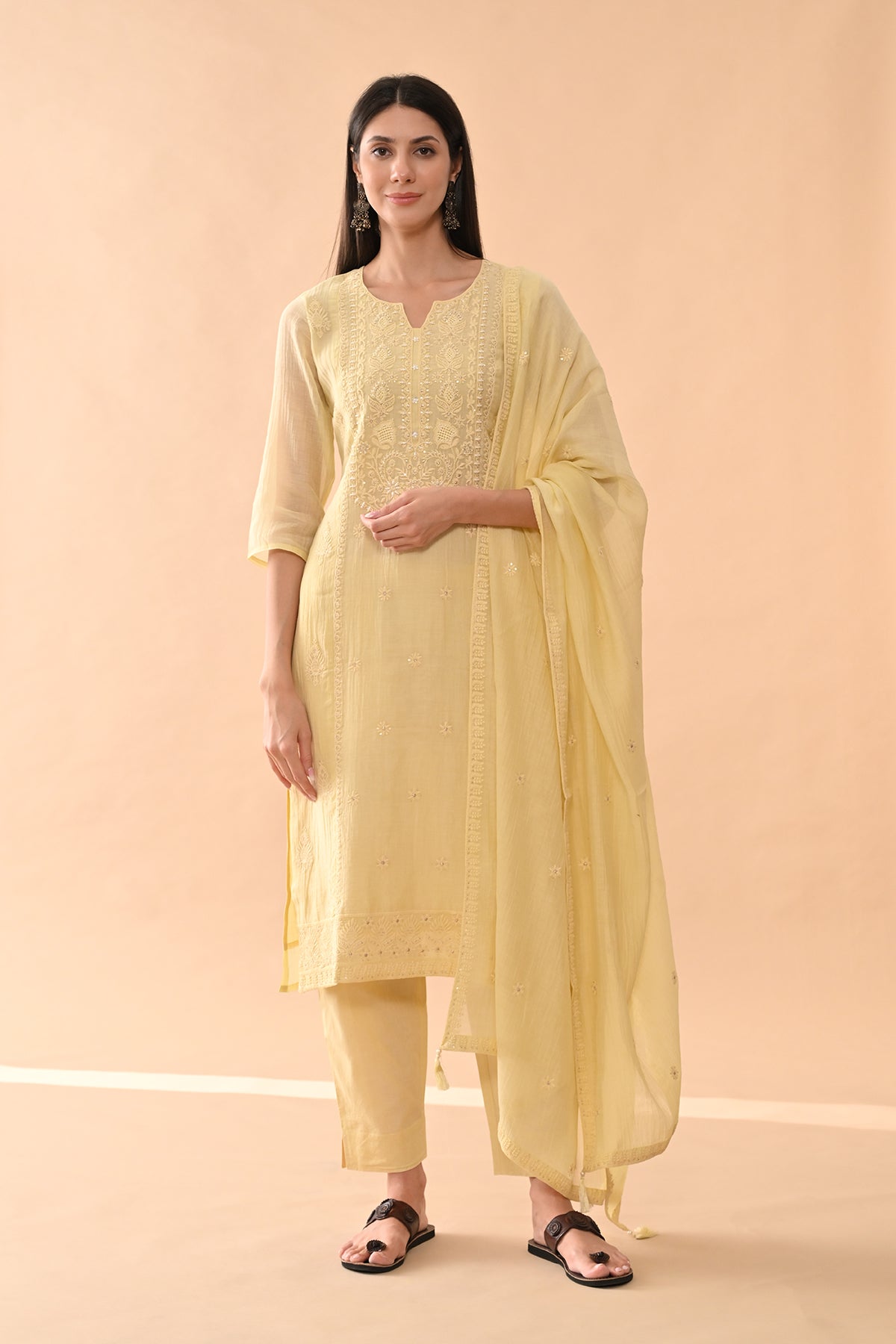 Yellow Embroidered Kurta 3 Pcs Set