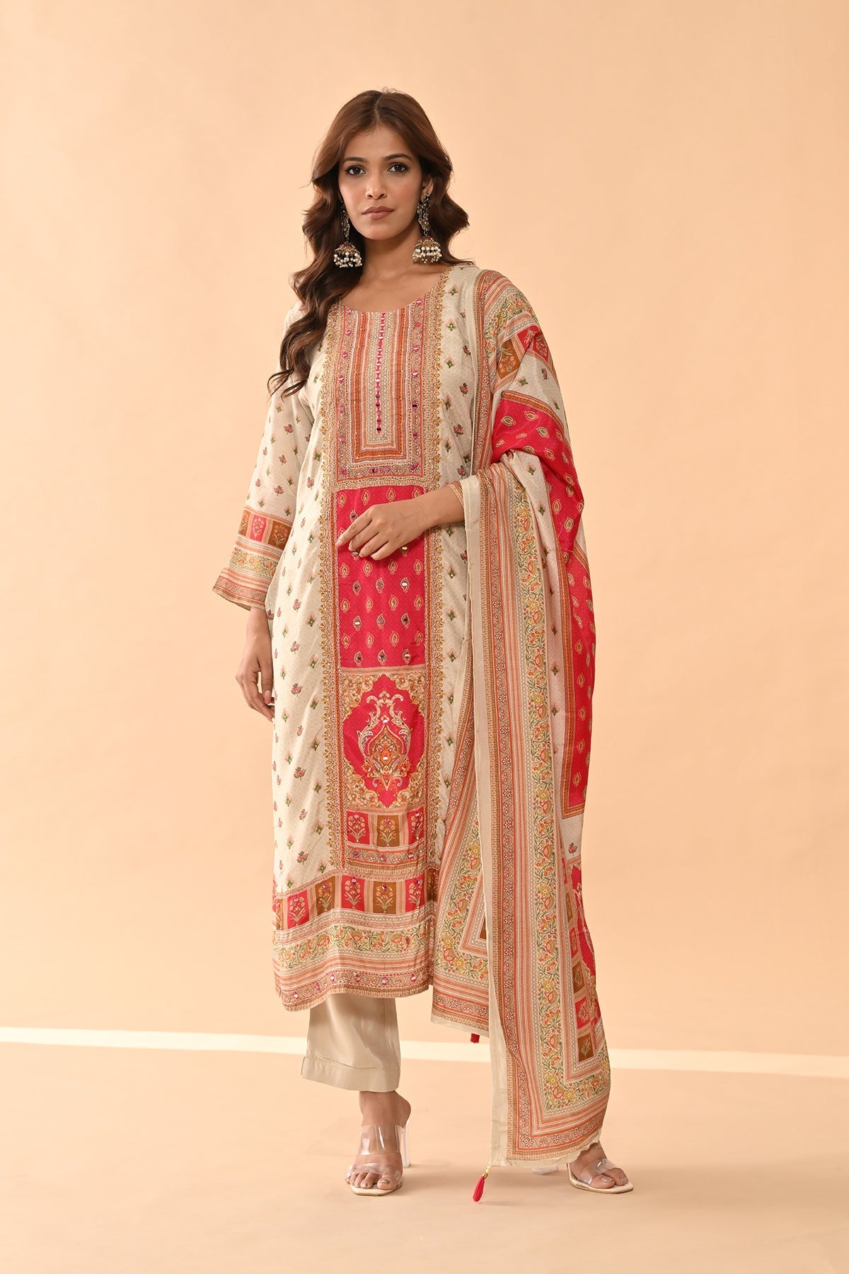 Beige Embellished Kurta 3 Pcs Set