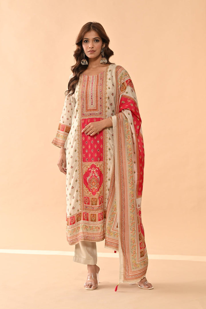 Beige Embellished Kurta 3 Pcs Set