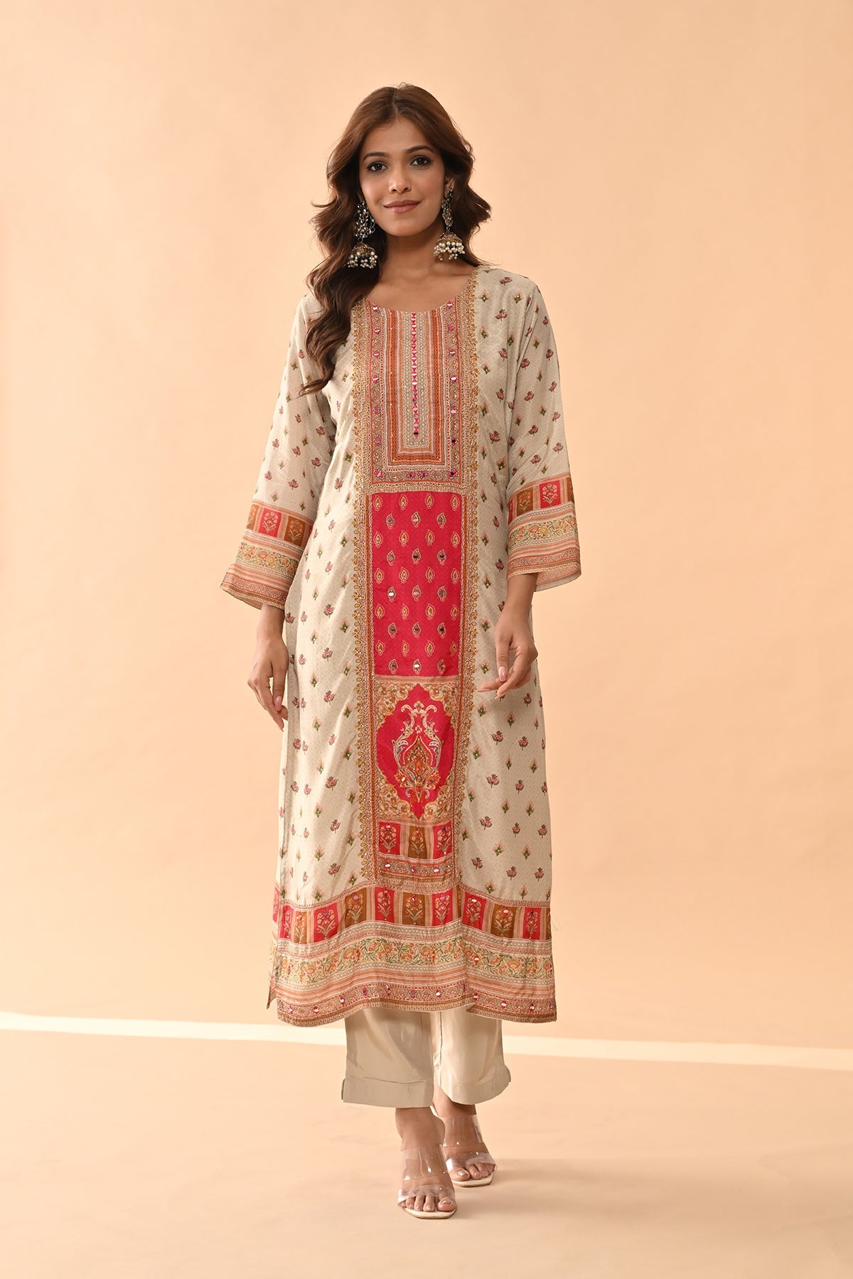 Beige Embellished Kurta 3 Pcs Set