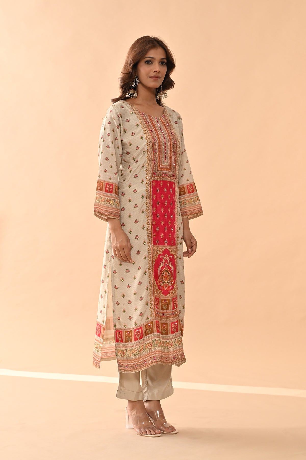 Beige Embellished Kurta 3 Pcs Set