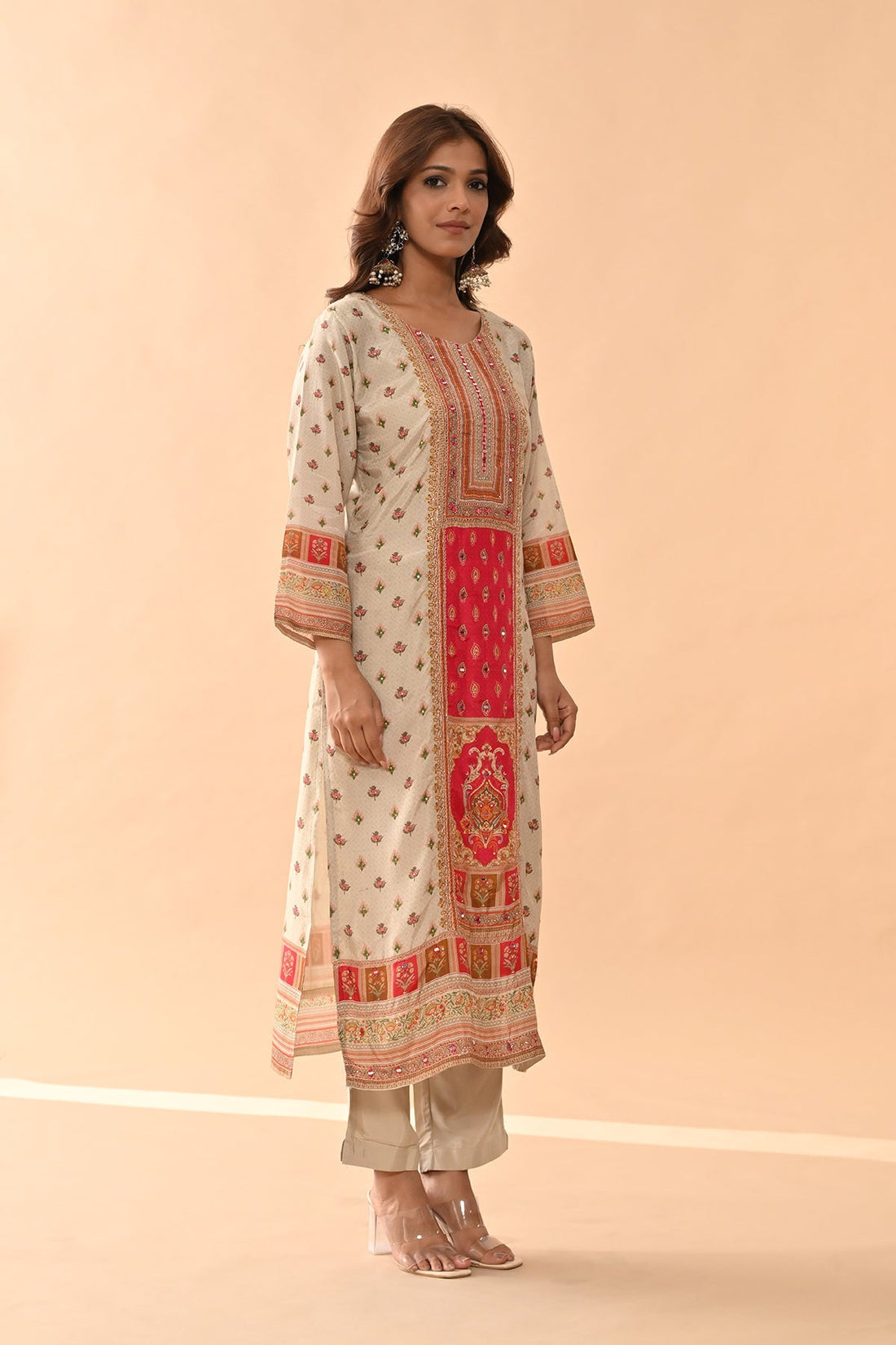 Beige Embellished Kurta 3 Pcs Set