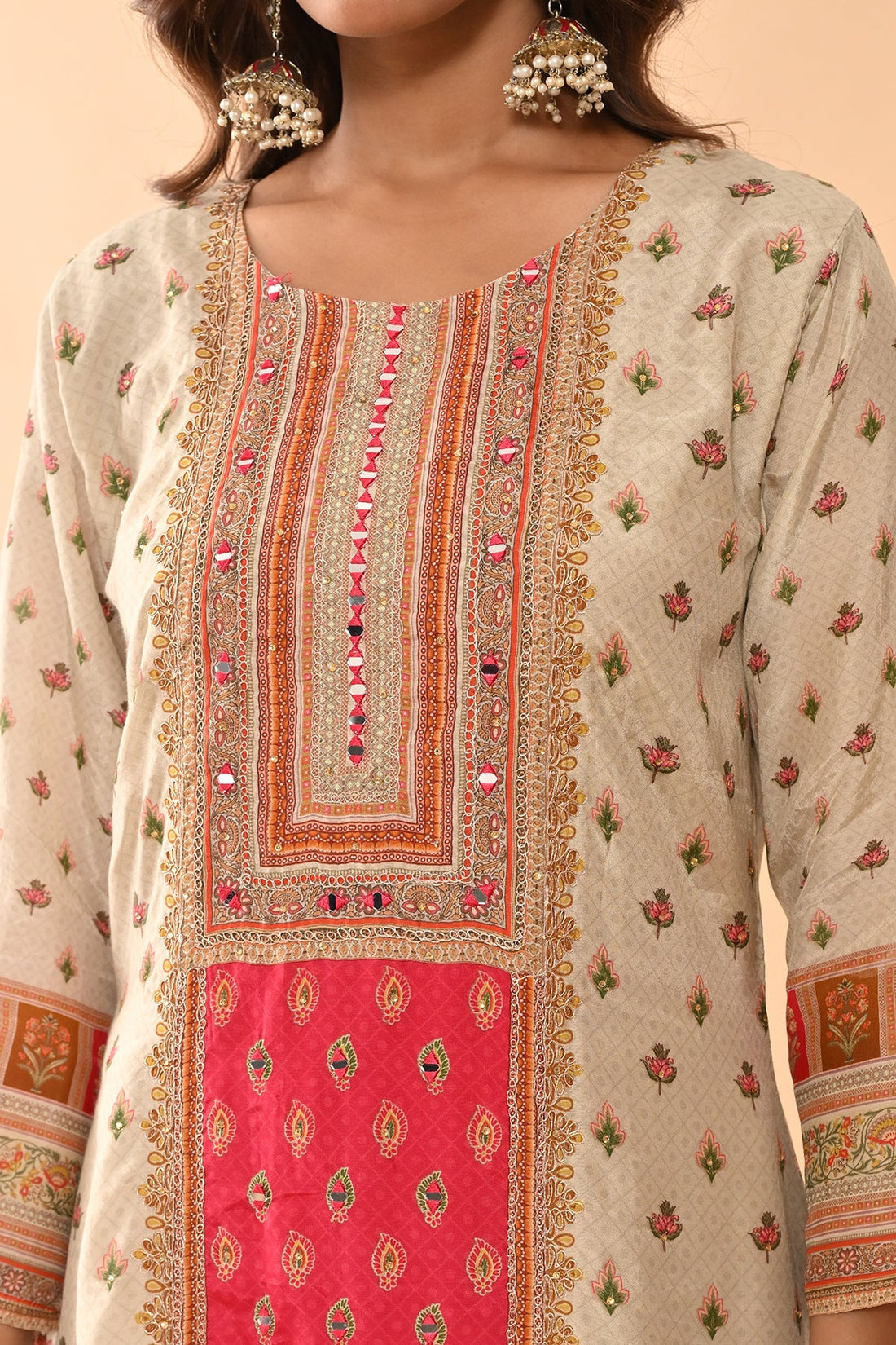 Beige Embellished Kurta 3 Pcs Set