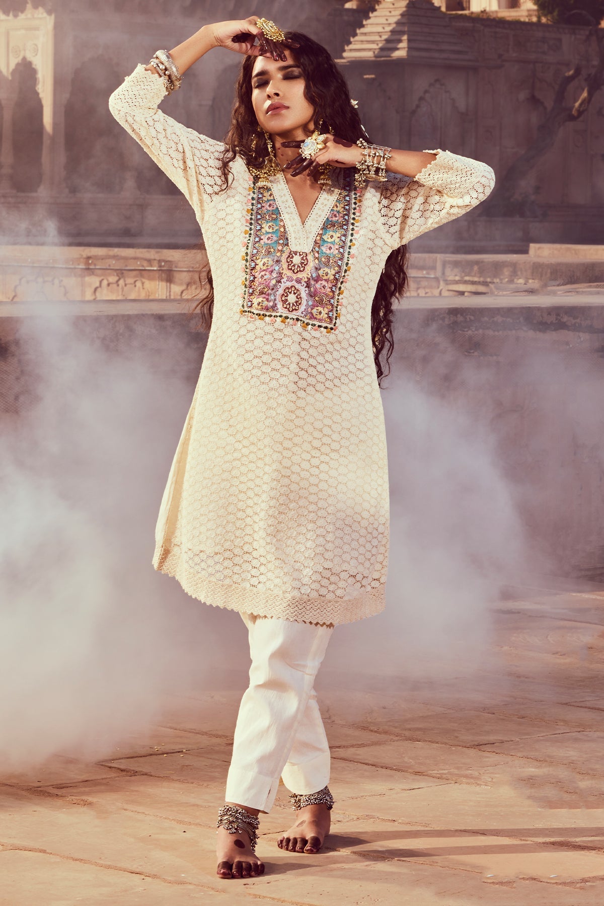 Cream Embroidered Kurta 3 Pcs Set