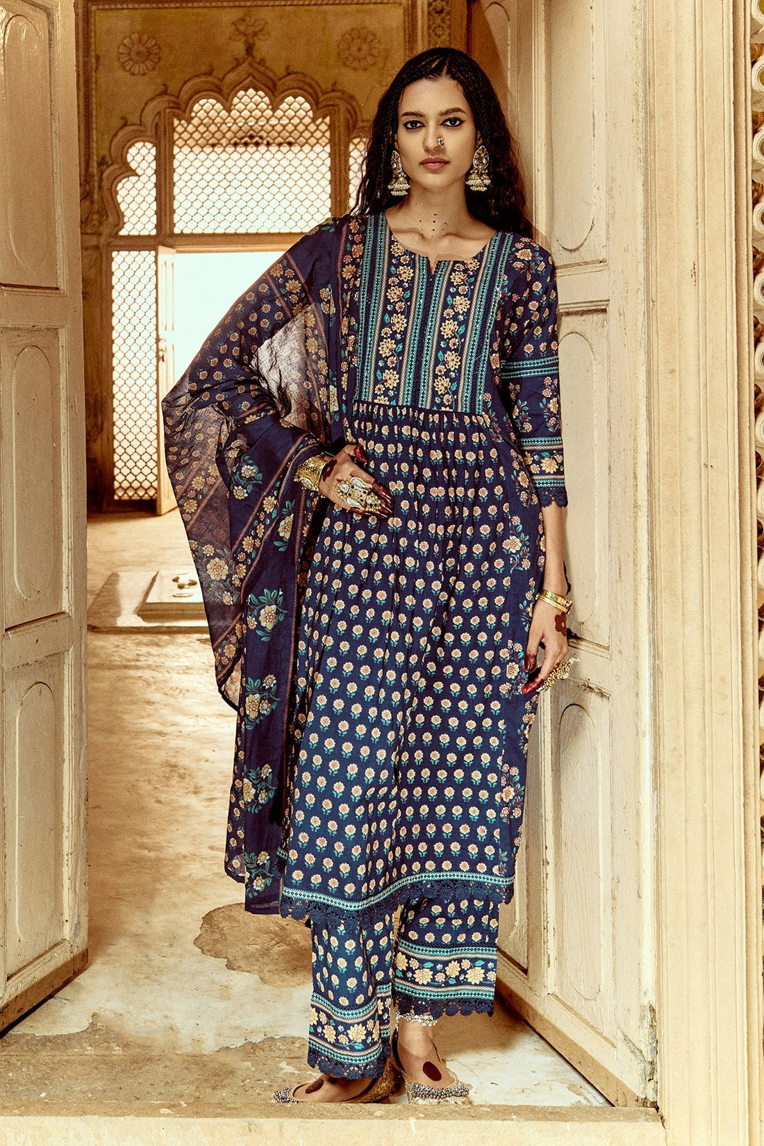 Blue Printed Kurta 3 Pcs Set
