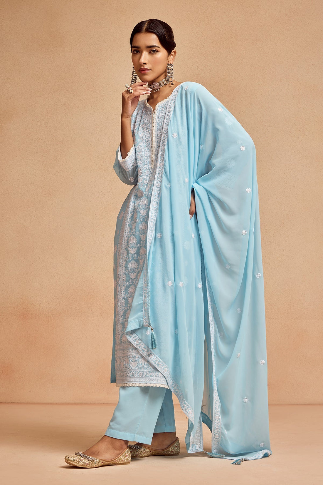 Blue Embroidered Kurta 3 Pcs Set