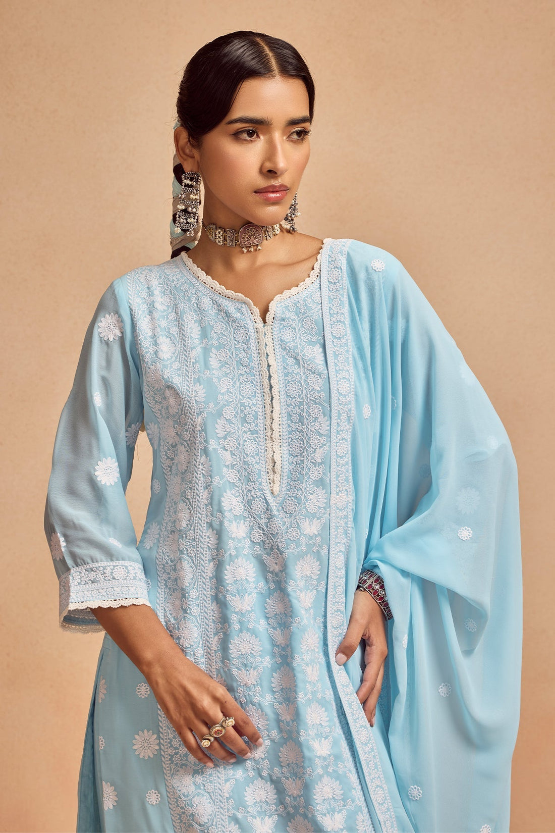 Blue Embroidered Kurta 3 Pcs Set