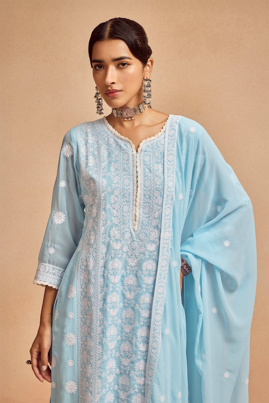 Blue Embroidered Kurta 3 Pcs Set
