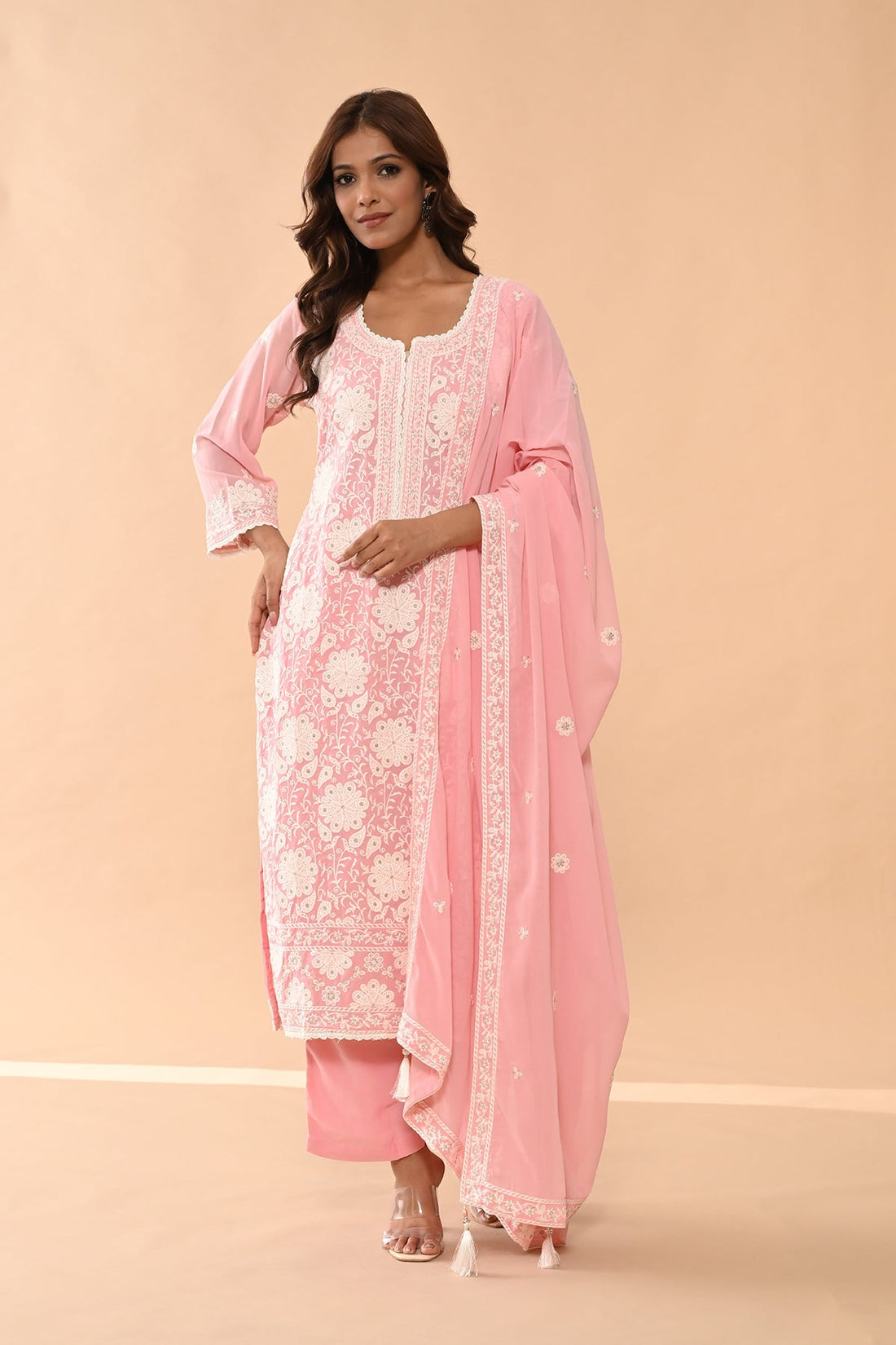 Pink Embroidered Kurta 3 Pcs Set