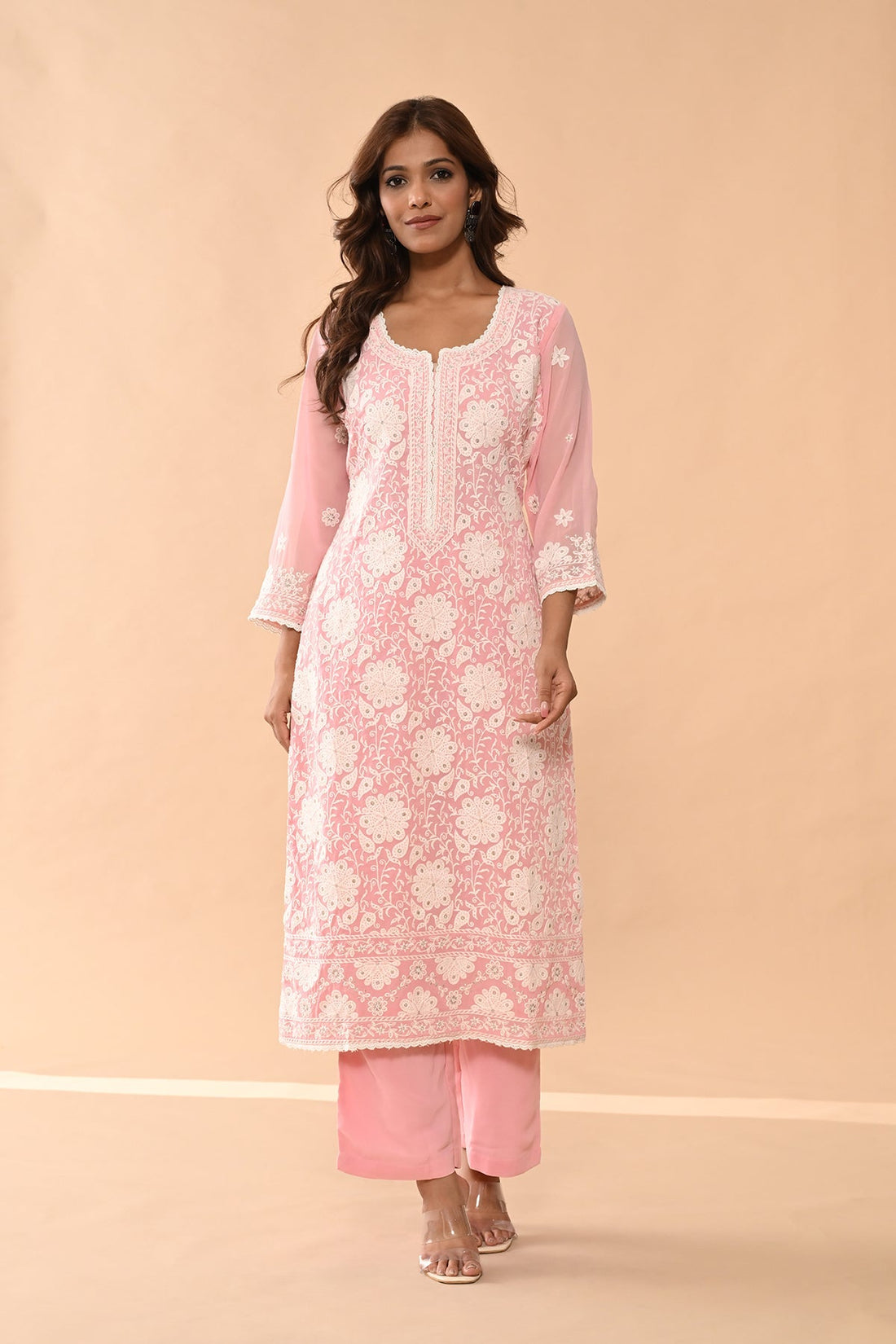 Pink Embroidered Kurta 3 Pcs Set
