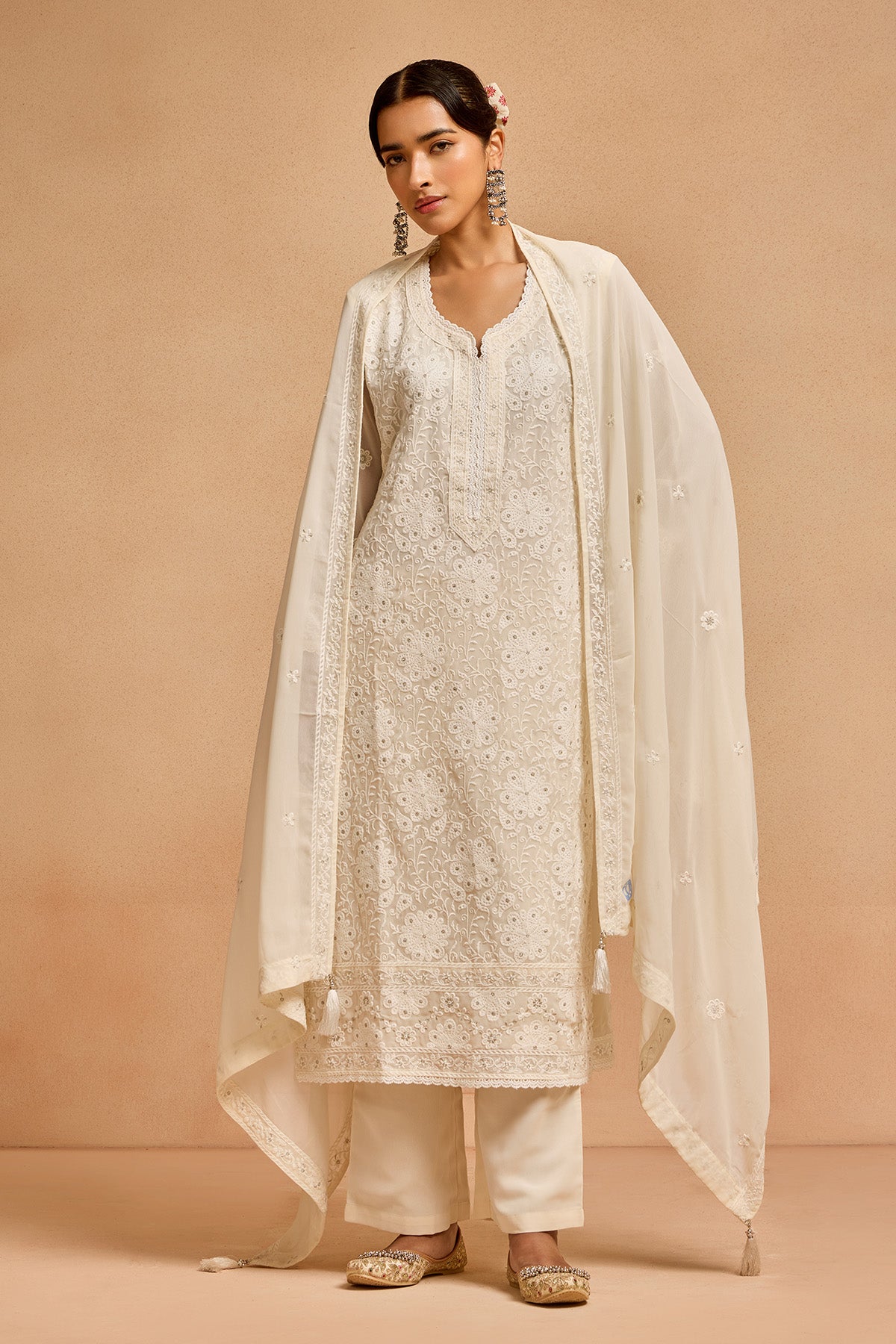 Cream Embroidered Kurta 3 Pcs Set