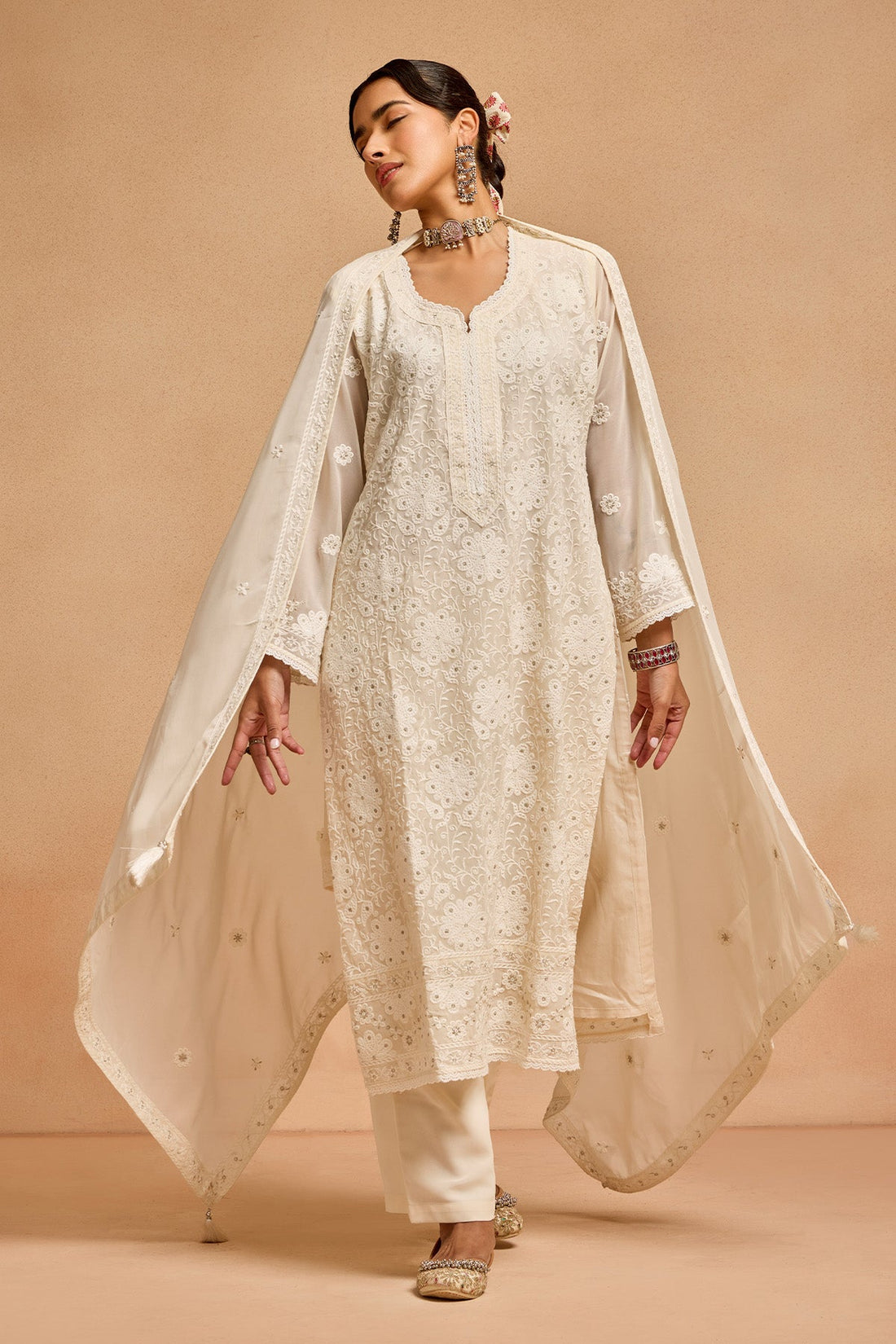 Cream Embroidered Kurta 3 Pcs Set