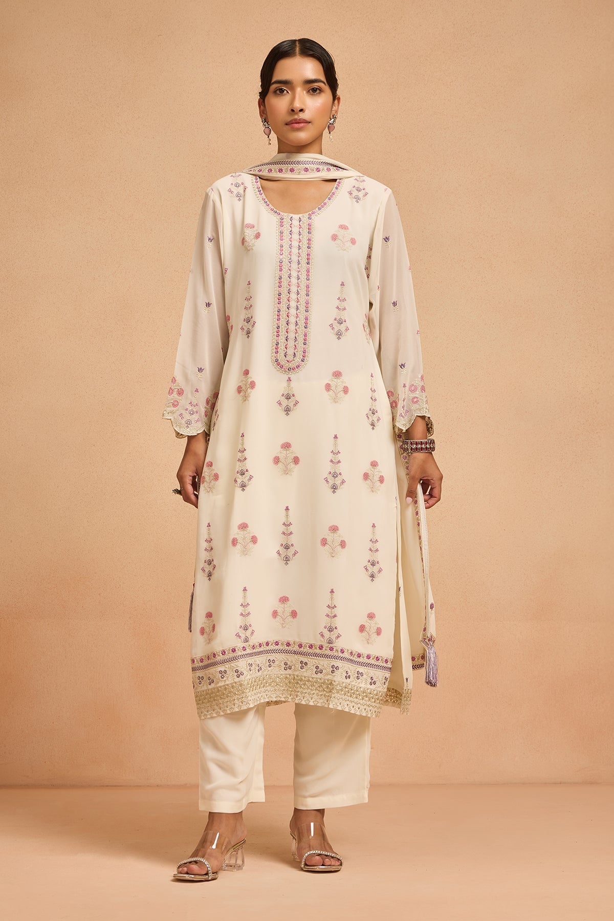 Cream Embroidered Kurta 3 Pcs Set