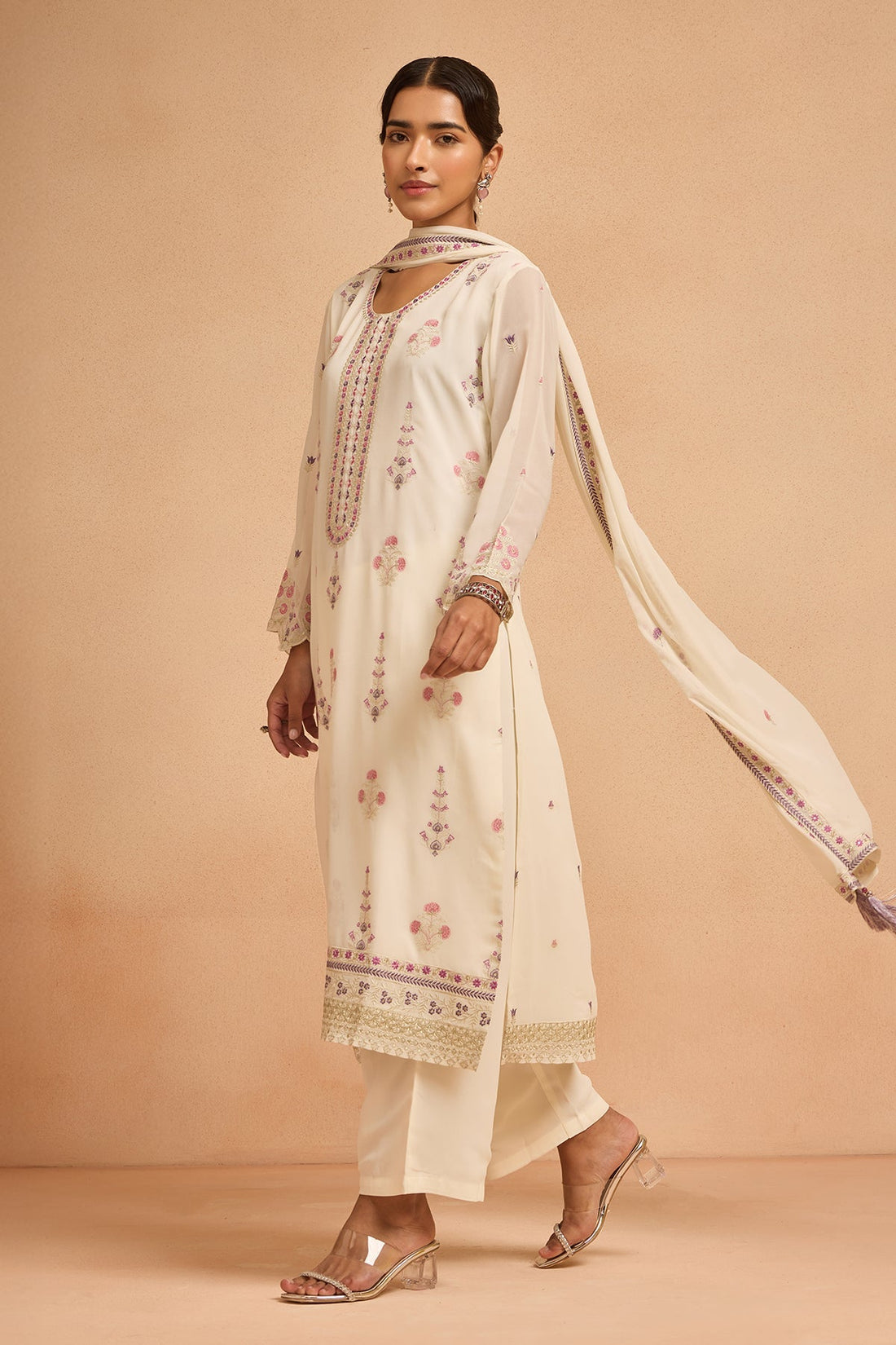 Cream Embroidered Kurta 3 Pcs Set