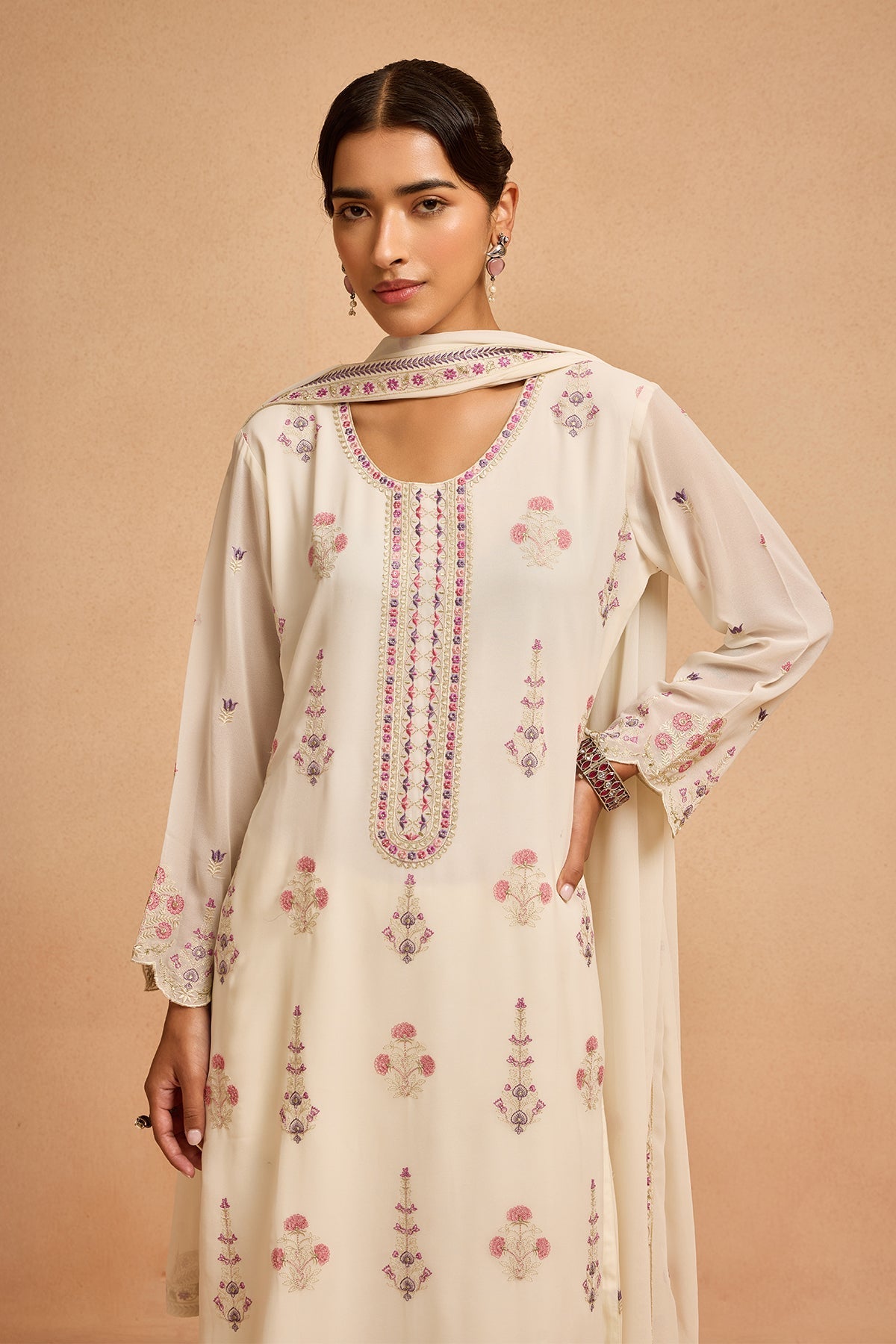 Cream Embroidered Kurta 3 Pcs Set