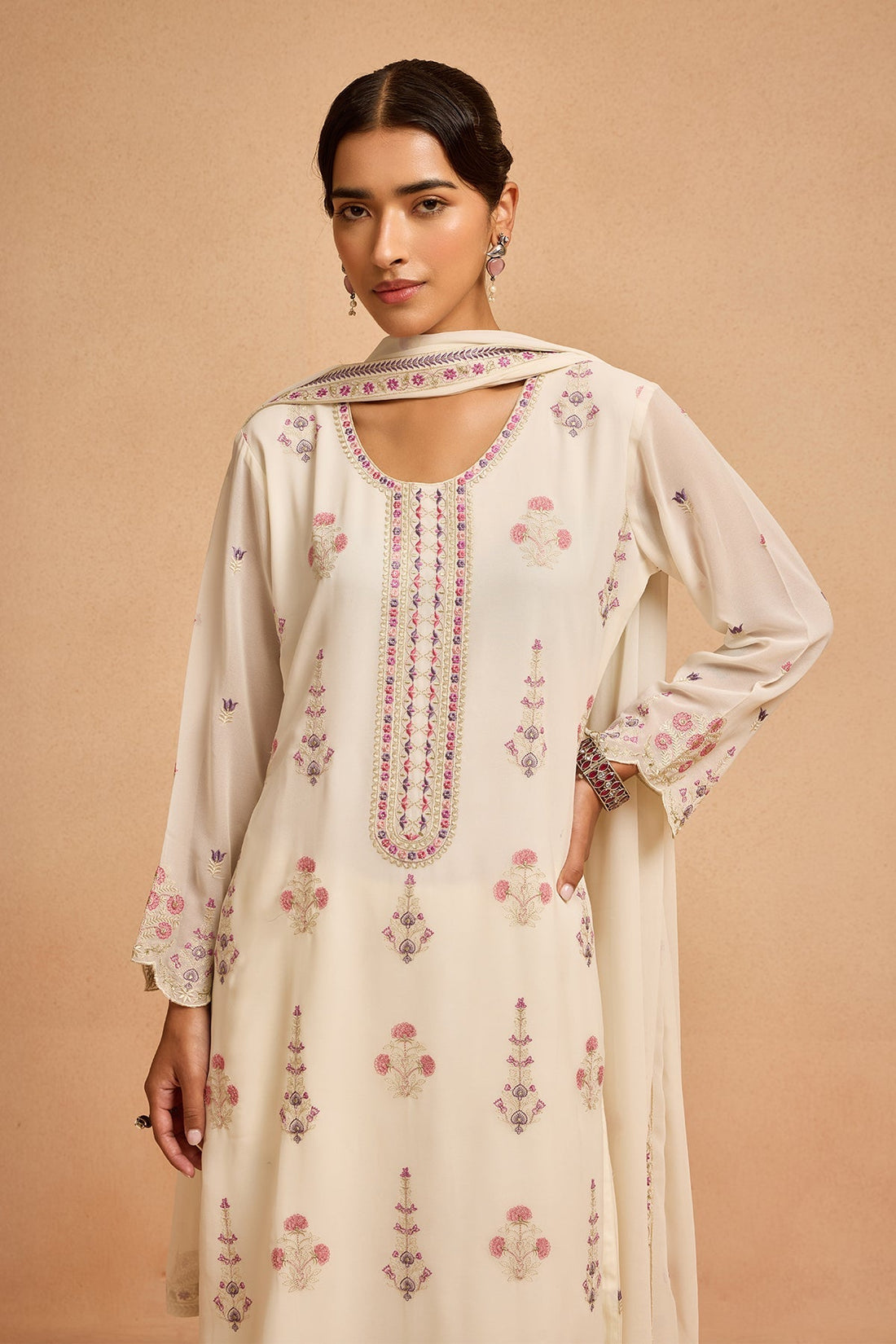 Cream Embroidered Kurta 3 Pcs Set