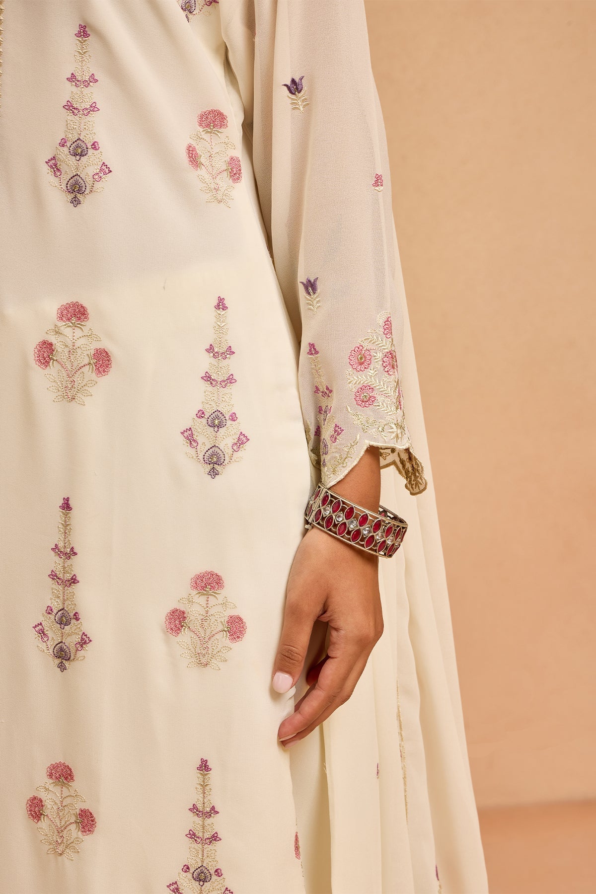 Cream Embroidered Kurta 3 Pcs Set