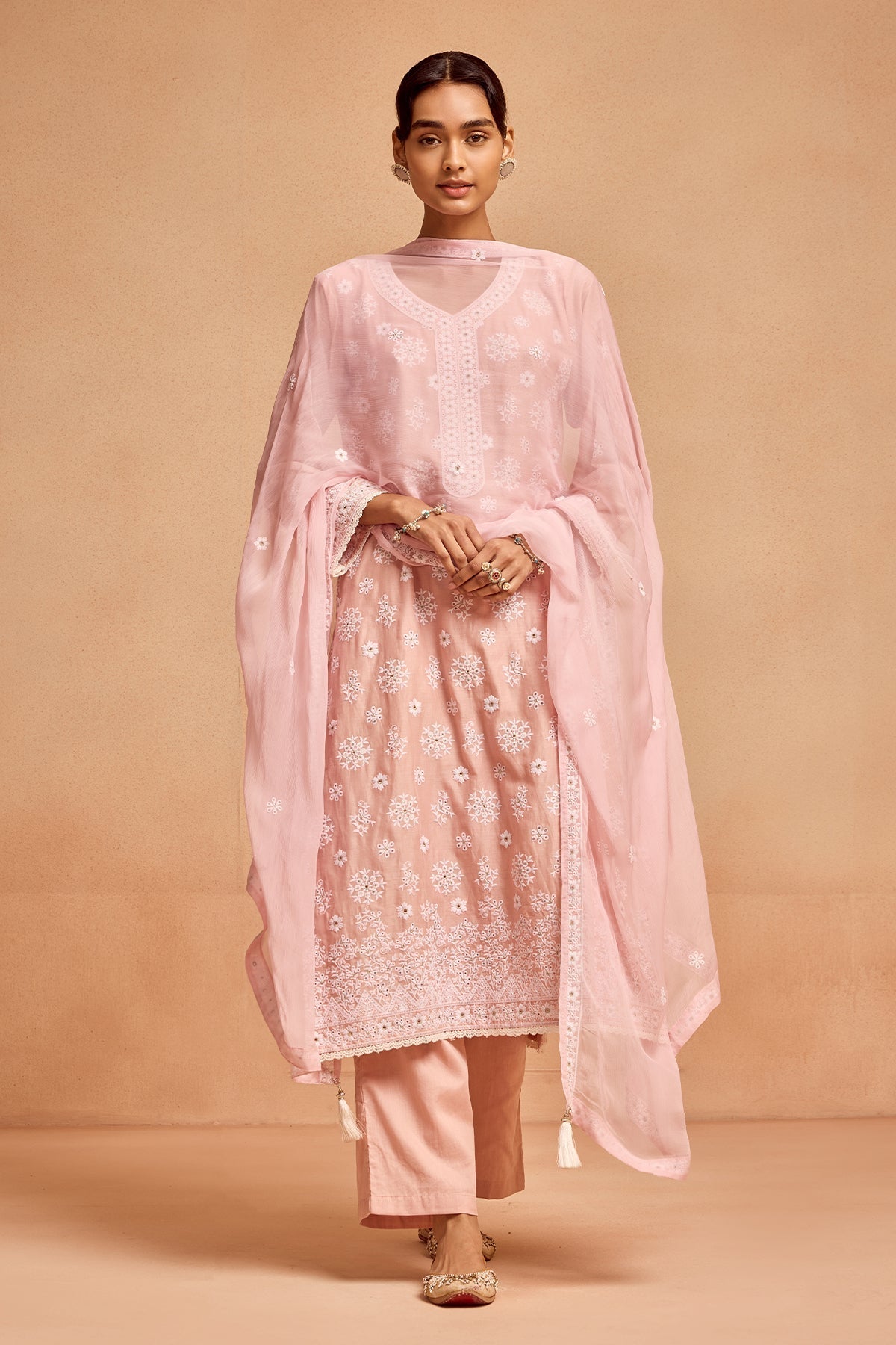 Peach Embroidered Kurta 3 Pcs Set