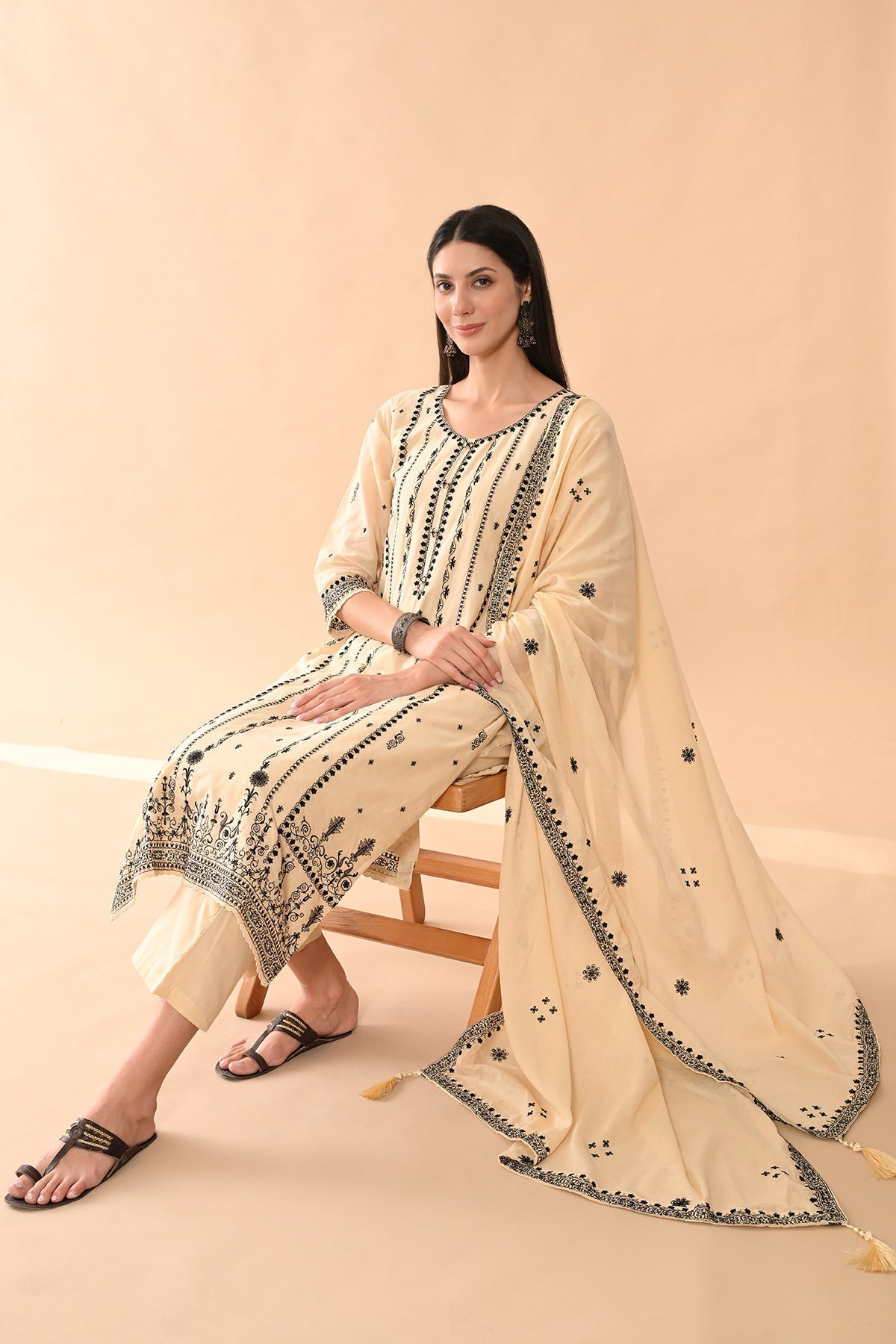 Beige Embroidered Kurta 3 Pcs Set