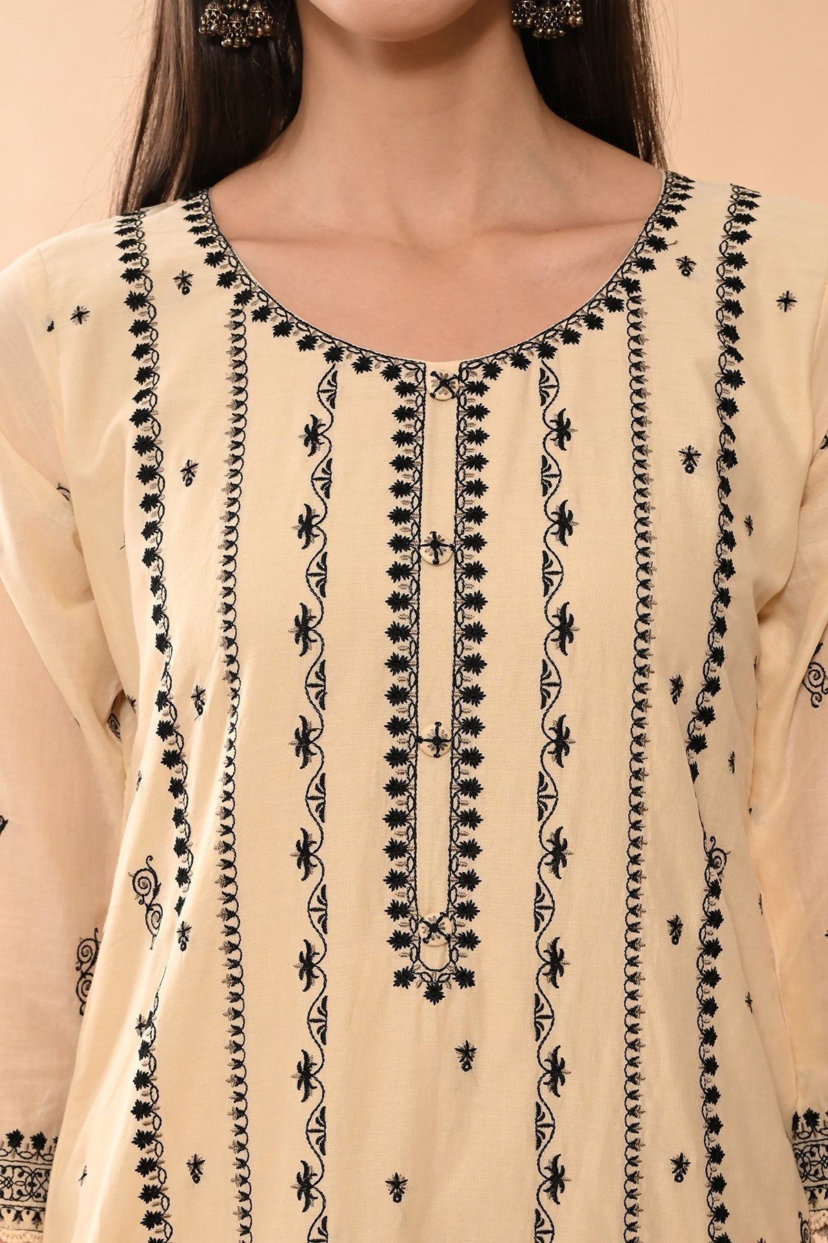 Beige Embroidered Kurta 3 Pcs Set