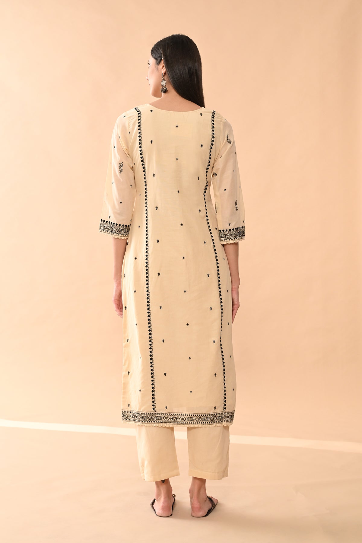 Beige Embroidered Kurta 3 Pcs Set