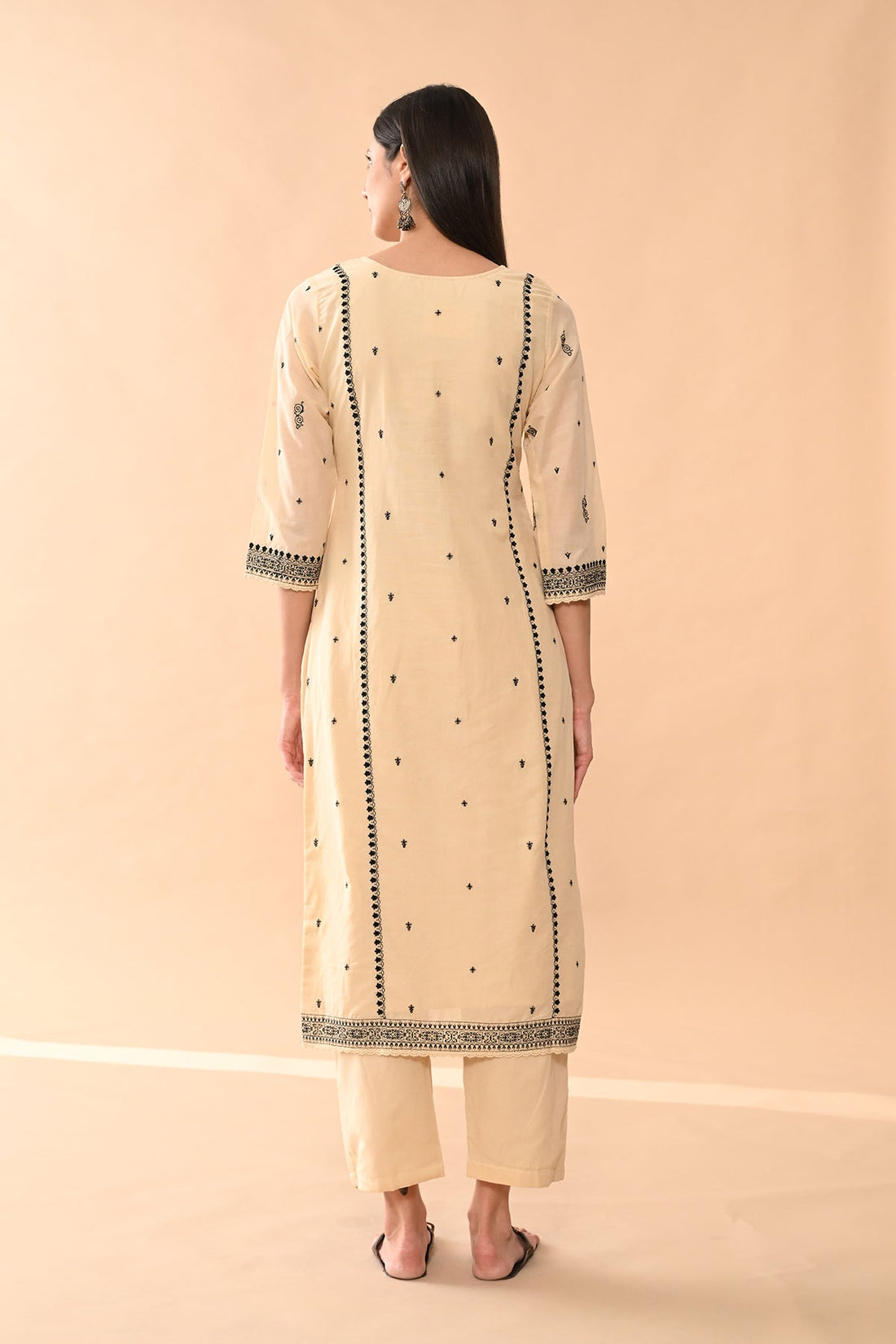 Beige Embroidered Kurta 3 Pcs Set